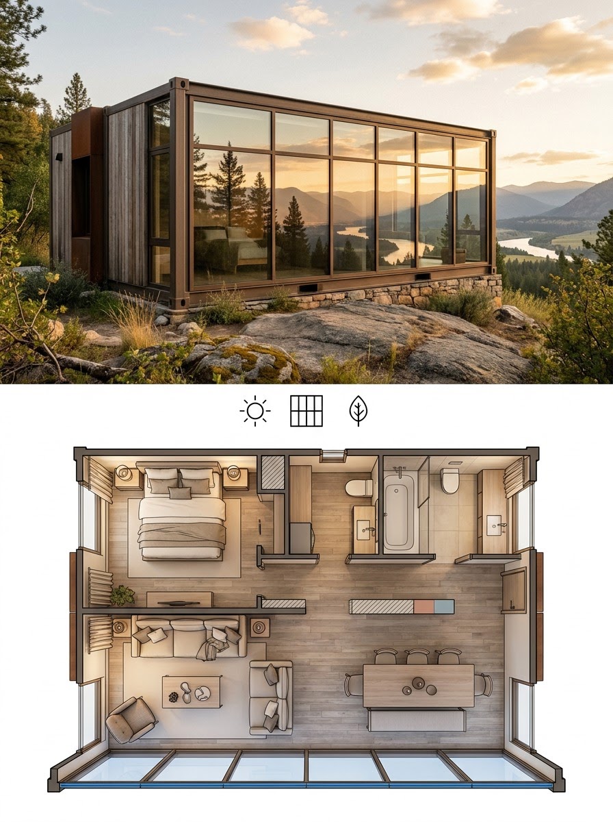 Container Home With a Full-Height Glass Curtain Wall Facade Container Home With a Full-Height Glass Curtain Wall Facade shown as a two-panel architectural board with exterior render and matching floor plan. | Sky Rye Design Container Home With a Full-Height Glass Curtain Wall Facade shown as a two-panel architectural board with exterior render and matching floor plan.