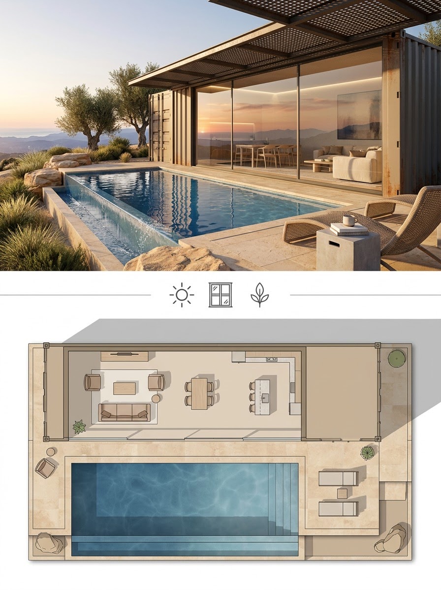 Container Home Opening Onto an Infinity-Edge Pool Container Home Opening Onto an Infinity-Edge Pool shown as a two-panel architectural board with exterior render and matching floor plan. | Sky Rye Design Container Home Opening Onto an Infinity-Edge Pool shown as a two-panel architectural board with exterior render and matching floor plan.