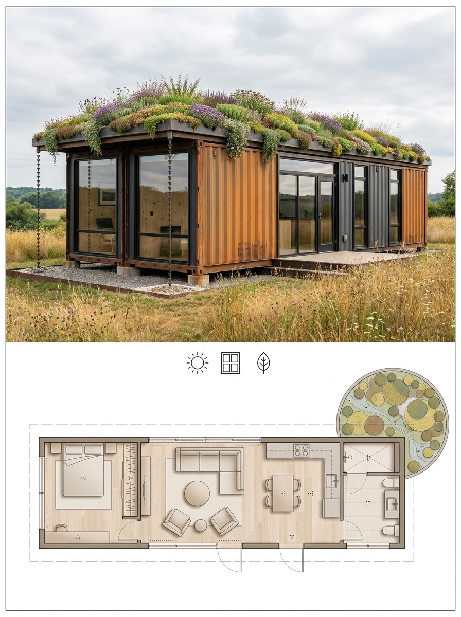 Container Home With a Green (Living) Roof Container Home With a Green (Living) Roof shown as a two-panel architectural board with exterior render and matching floor plan. | Sky Rye Design Container Home With a Green (Living) Roof shown as a two-panel architectural board with exterior render and matching floor plan.