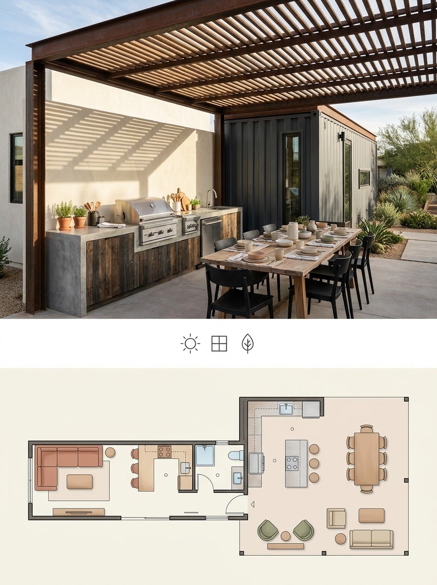 Container Home With an Integrated Pergola-Shaded Outdoor Kitchen Container Home With an Integrated Pergola-Shaded Outdoor Kitchen shown as a two-panel architectural board with exterior render and matching floor plan. | Sky Rye Design Container Home With an Integrated Pergola-Shaded Outdoor Kitchen shown as a two-panel architectural board with exterior render and matching floor plan.
