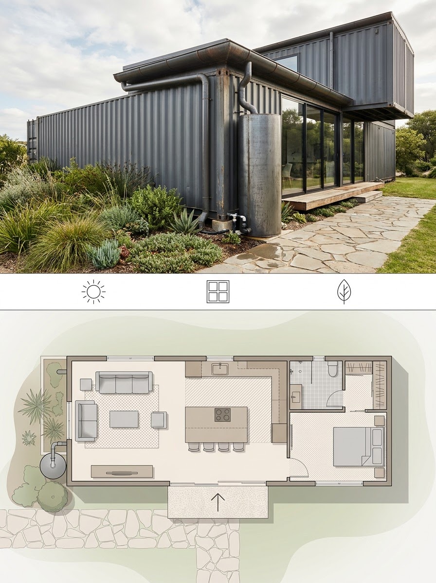 Container Home With Integrated Rainwater Harvesting and Greywater Reuse Container Home With Integrated Rainwater Harvesting and Greywater Reuse shown as a two-panel architectural board with exterior render and matching floor plan. | Sky Rye Design Container Home With Integrated Rainwater Harvesting and Greywater Reuse shown as a two-panel architectural board with exterior render and matching floor plan.