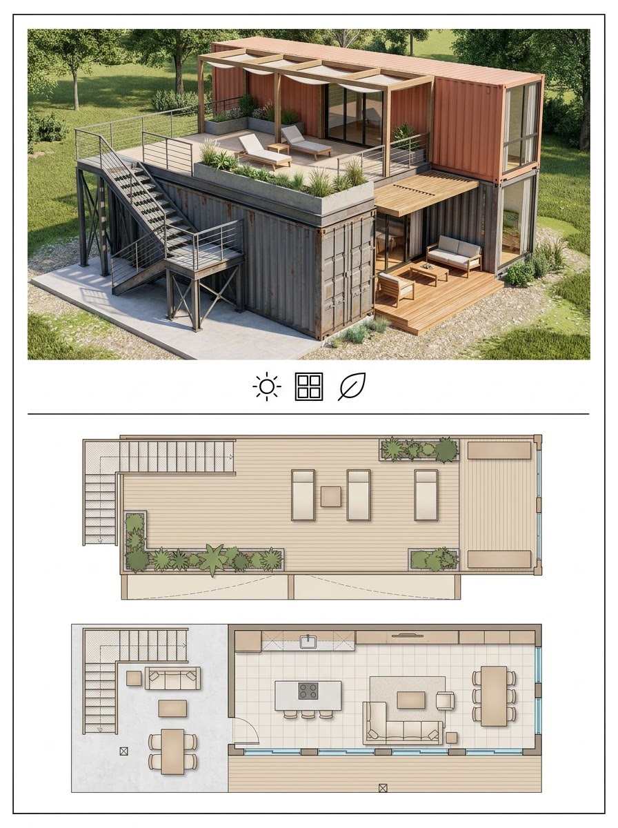 Container Home With a Rooftop Terrace and Exposed Steel Staircase Container Home With a Rooftop Terrace and Exposed Steel Staircase shown as a two-panel architectural board with exterior render and matching floor plan. | Sky Rye Design Container Home With a Rooftop Terrace and Exposed Steel Staircase shown as a two-panel architectural board with exterior render and matching floor plan.