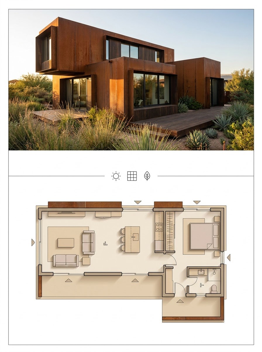 Container Home With a Weathered Corten Steel Exterior Finish Container Home With a Weathered Corten Steel Exterior Finish shown as a two-panel architectural board with exterior render and matching floor plan. | Sky Rye Design Container Home With a Weathered Corten Steel Exterior Finish shown as a two-panel architectural board with exterior render and matching floor plan.
