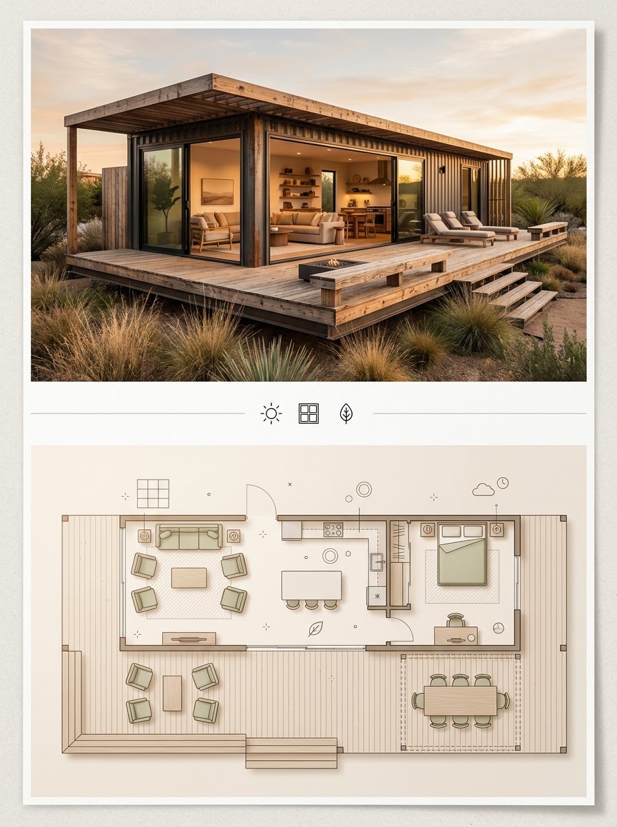 Container Home With a Full-Length Wraparound Deck Container Home With a Full-Length Wraparound Deck shown as a two-panel architectural board with exterior render and matching floor plan. | Sky Rye Design Container Home With a Full-Length Wraparound Deck shown as a two-panel architectural board with exterior render and matching floor plan.