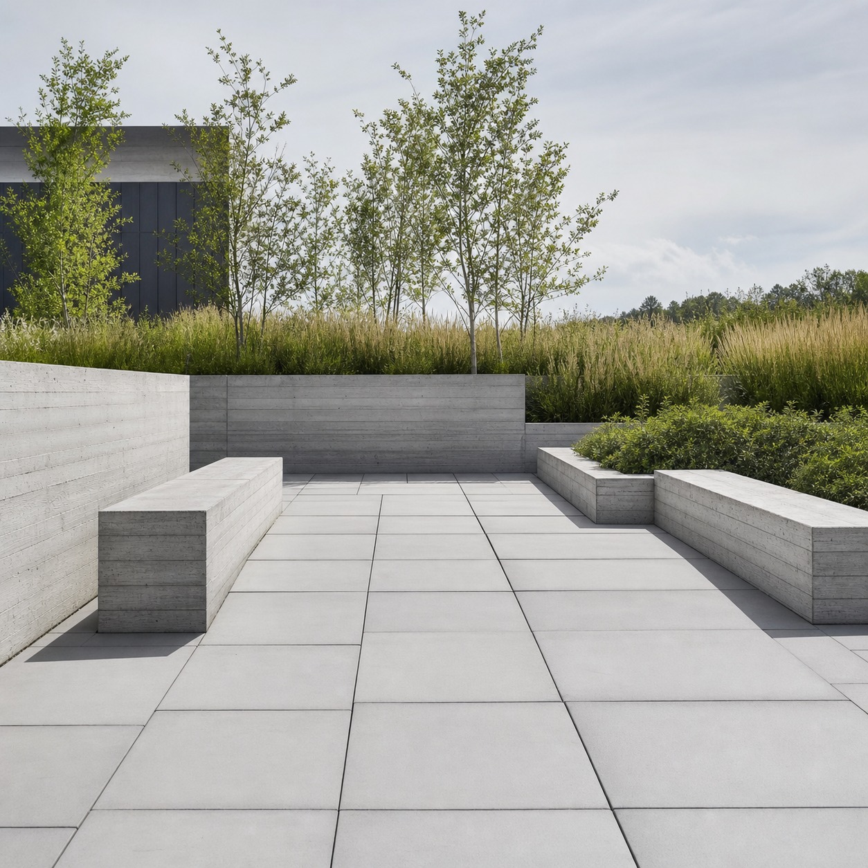 Contemporary Hardscape Plaza Geometric hardscape plaza with built-in concrete seating walls and native planting beds. | Sky Rye Design Geometric hardscape plaza with built-in concrete seating walls and native planting beds.