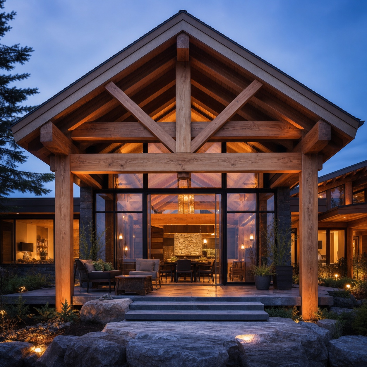 Contemporary timber-frame facade with subtle scarf joints Finished contemporary timber-frame facade with long horizontal beams and subtle scarf joints visible in evening light. | Sky Rye Design Finished contemporary timber-frame facade with long horizontal beams and subtle scarf joints visible in evening light.