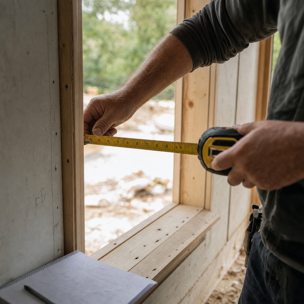 Contractor measuring a front door frame Contractor measuring across a front door frame opening with notes beside the tape measure. | Sky Rye Design Contractor measuring across a front door frame opening with notes beside the tape measure.