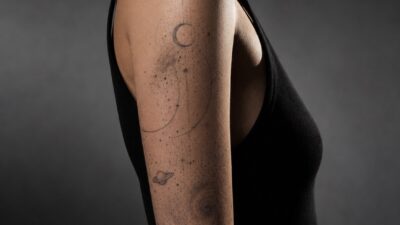 Cosmic dotwork tattoo on the upper arm with stars, moon, planet, and galaxy dust shading.
