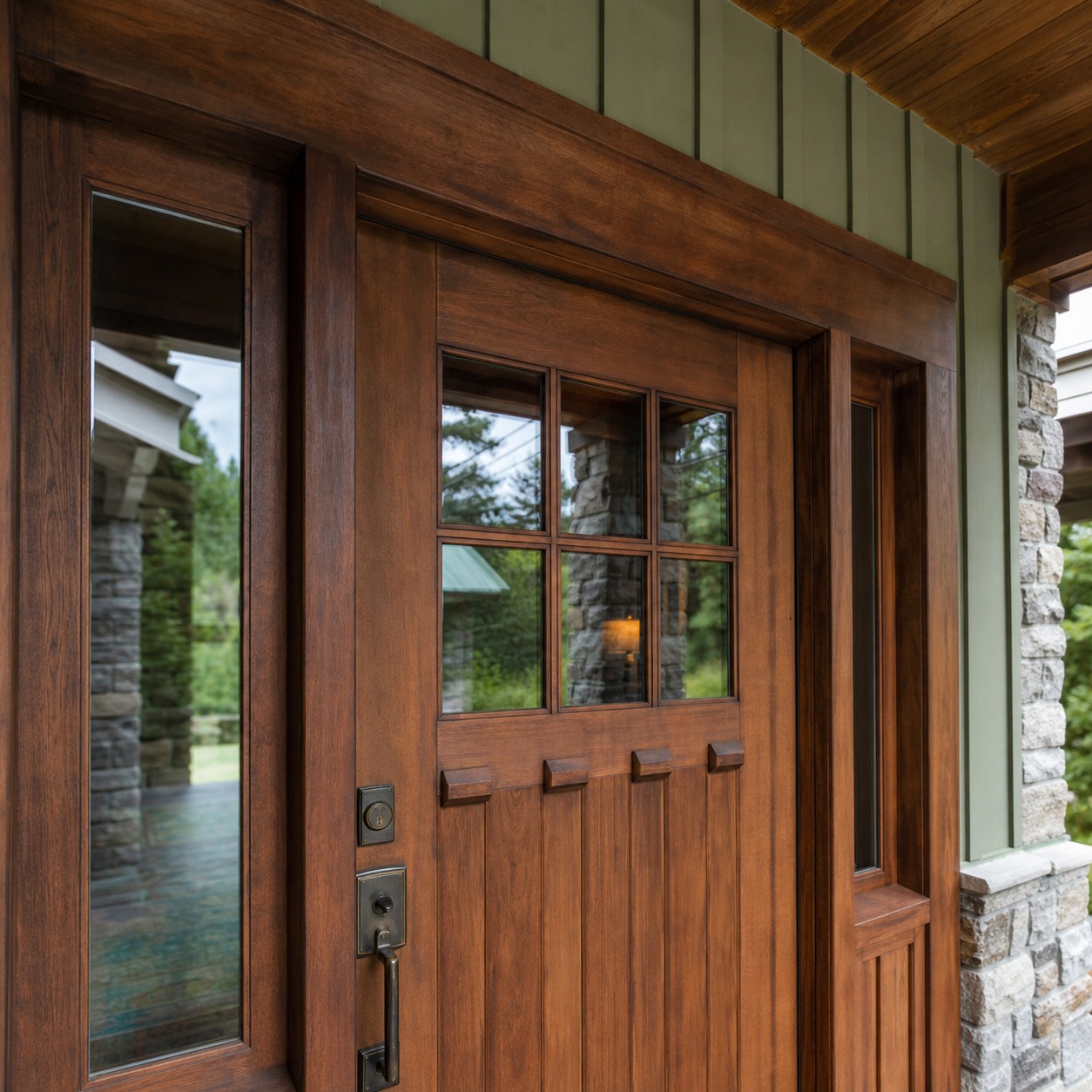 Craftsman front door with divided glass Craftsman-style front door with divided glass lites, substantial wood stiles, and aged bronze hardware under a porch. | Sky Rye Design Craftsman-style front door with divided glass lites, substantial wood stiles, and aged bronze hardware under a porch.