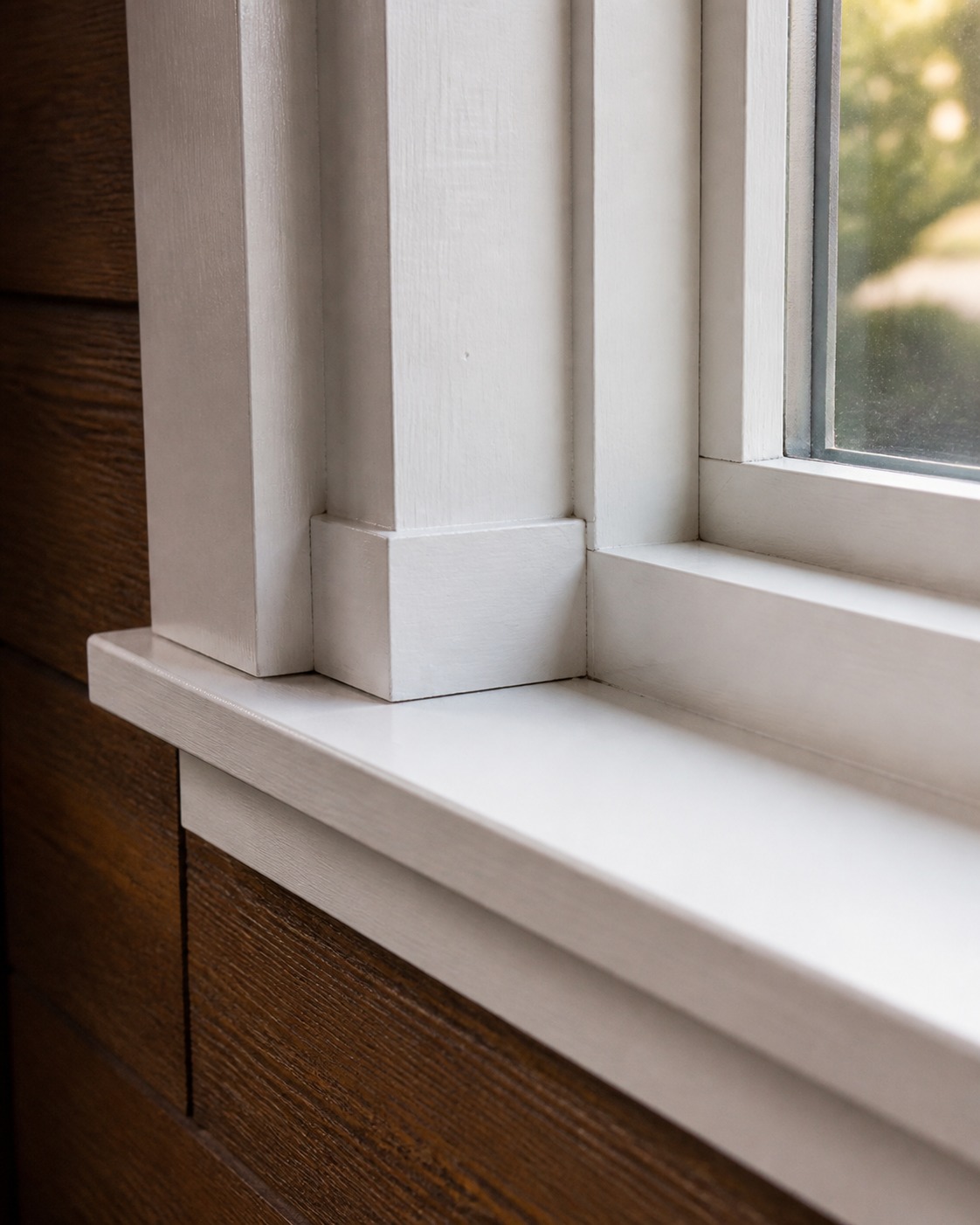 Craftsman window trim with a wide sill Substantial craftsman-style window trim with visible joinery and a wide sill. | Sky Rye Design Substantial craftsman-style window trim with visible joinery and a wide sill.