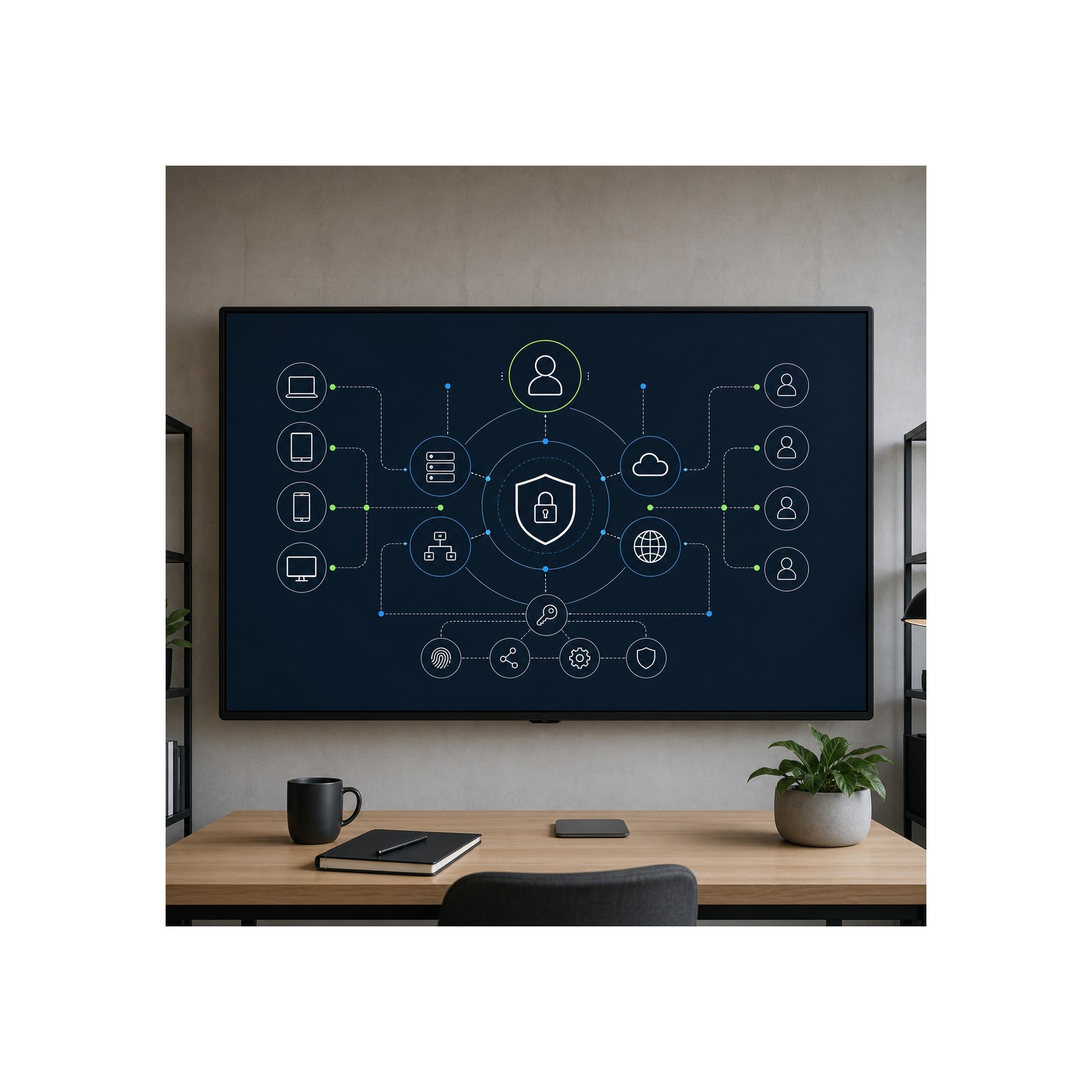 Creative agency security ecosystem diagram Large studio screen with a clean security ecosystem diagram for creative tools and access layers | Sky Rye Design Large studio screen with a clean security ecosystem diagram for creative tools and access layers