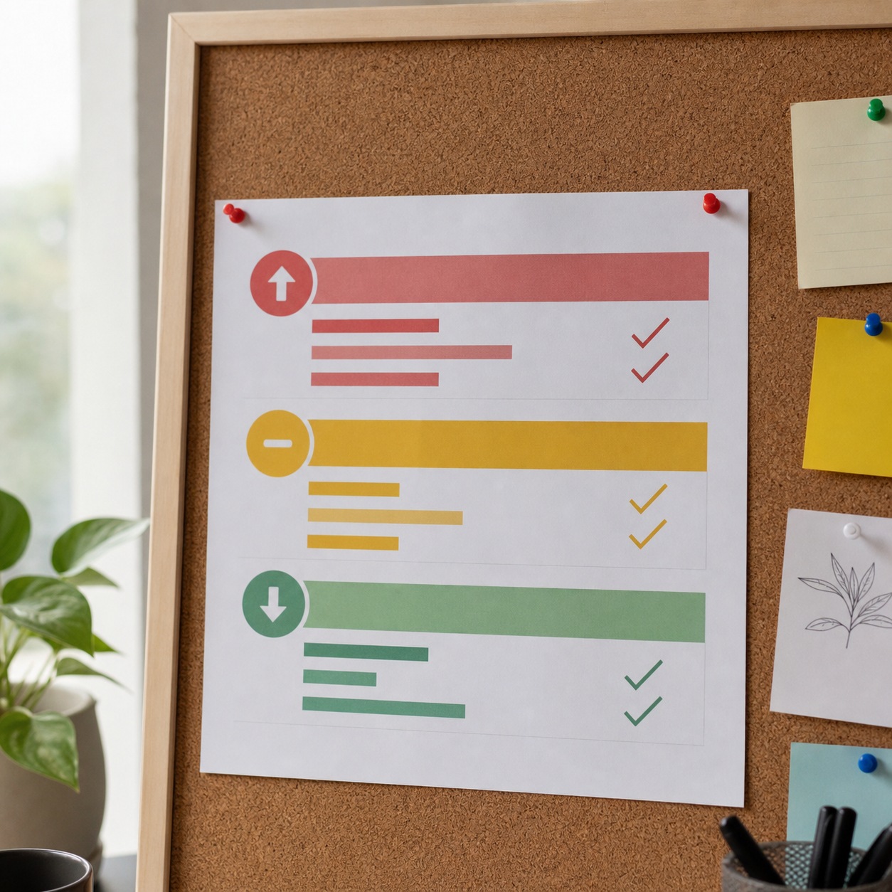 Printed priority-tier chart pinned to corkboard with abstract colored rows and check marks.