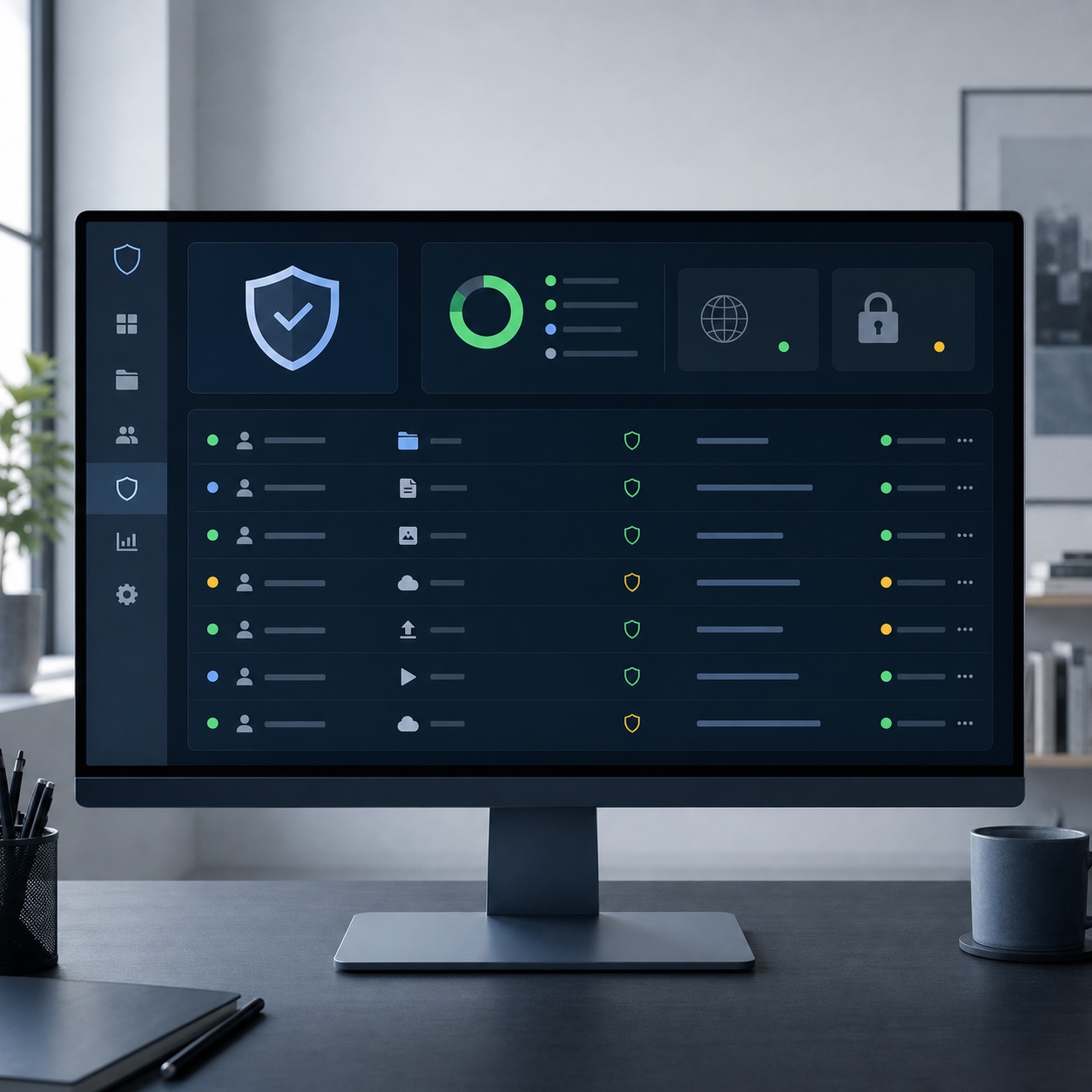 A monitor showing access logs and security status for a creative team's shared files.