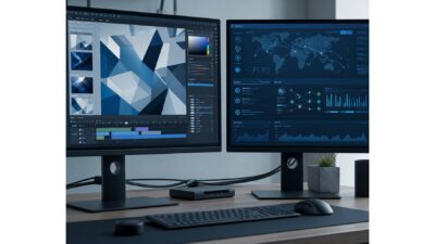 Two studio monitors showing creative software beside a connected security monitoring interface