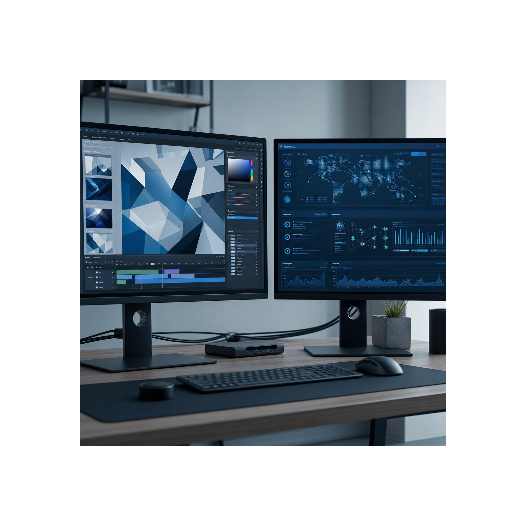 Creative software and security monitoring Two studio monitors showing creative software beside a connected security monitoring interface | Sky Rye Design Two studio monitors showing creative software beside a connected security monitoring interface