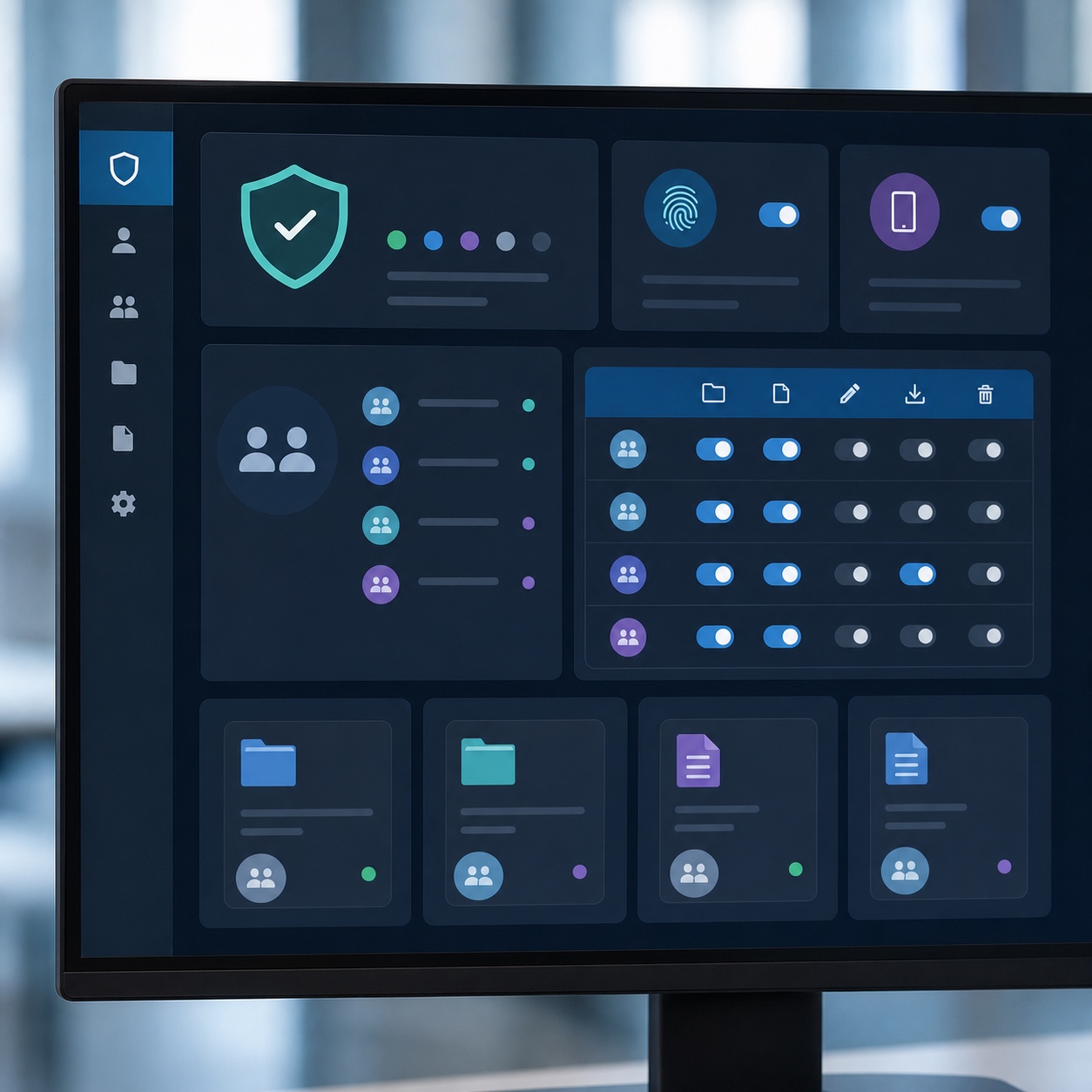 Creative team access permissions dashboard A monitor showing multi-factor authentication and role-based access status for shared creative files. | Sky Rye Design A monitor showing multi-factor authentication and role-based access status for shared creative files.