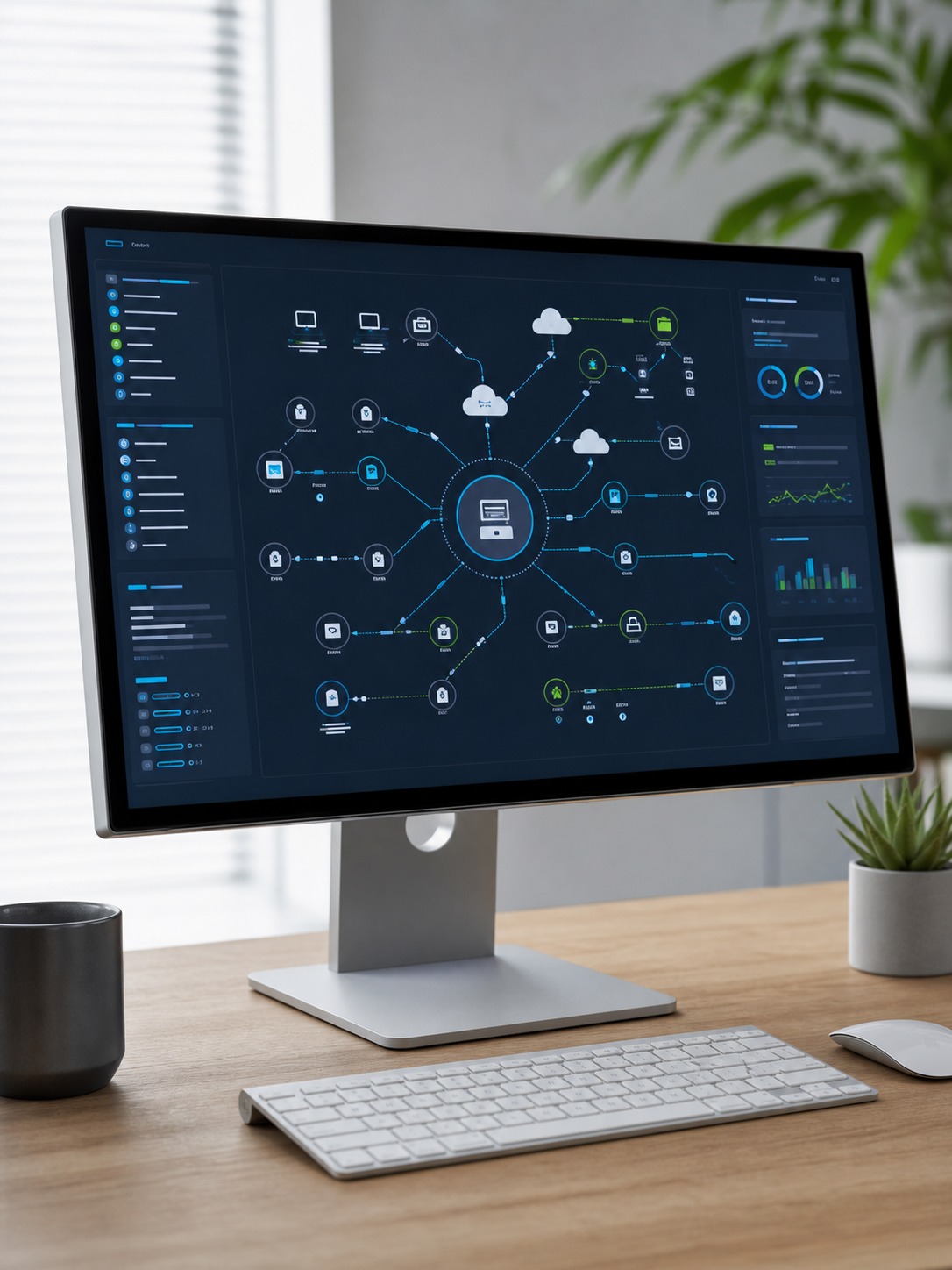 Studio monitor showing a clean map of laptops, cloud links, shared drives, and plugins.