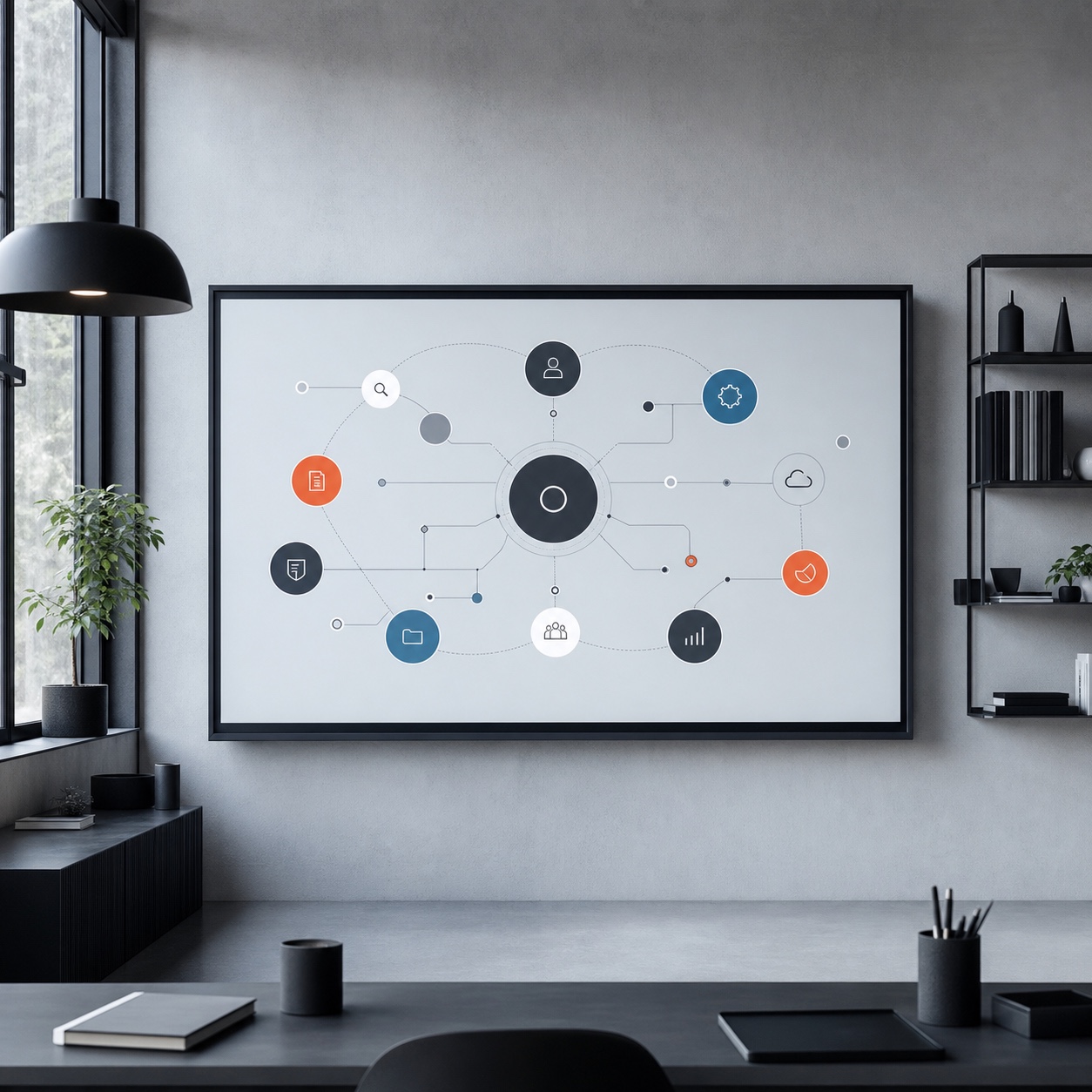 A large studio screen showing a clean diagram of connected creative collaboration tools.