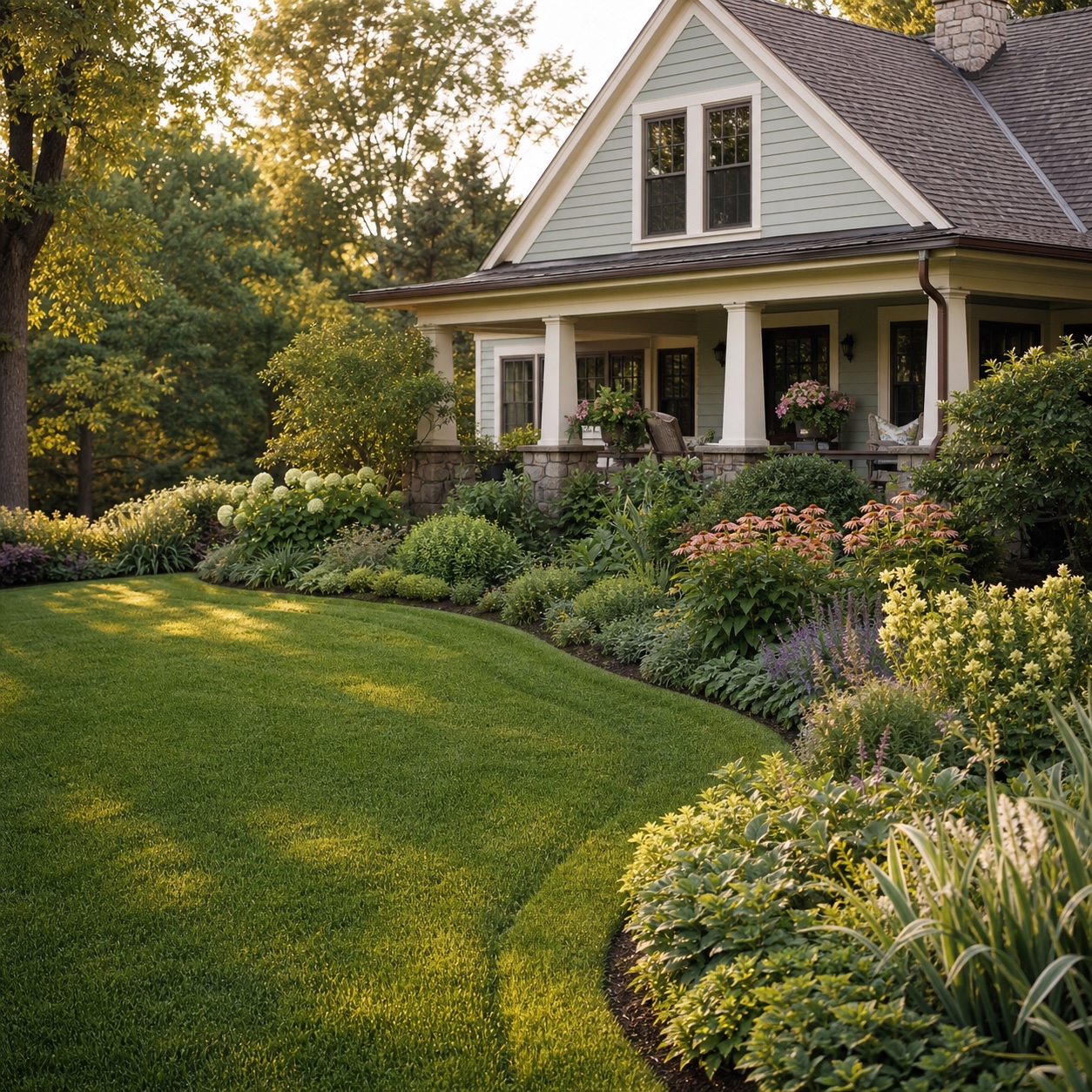 A traditional home with softly curved lawn edges and layered planting beds.