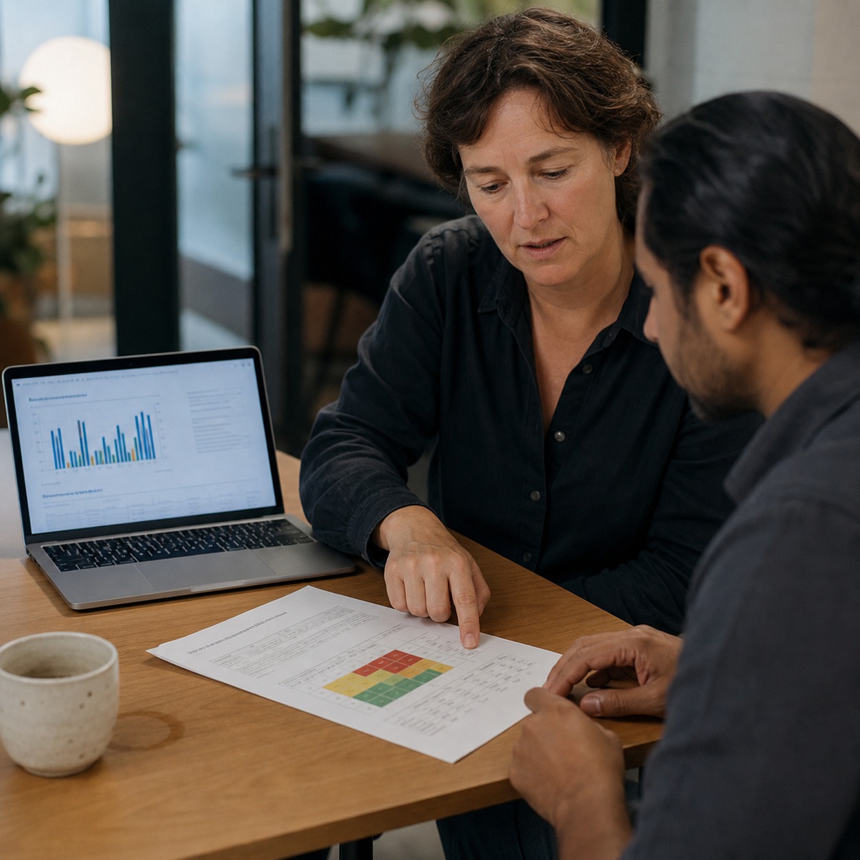 Two people reviewing a printed risk assessment report beside a laptop chart.