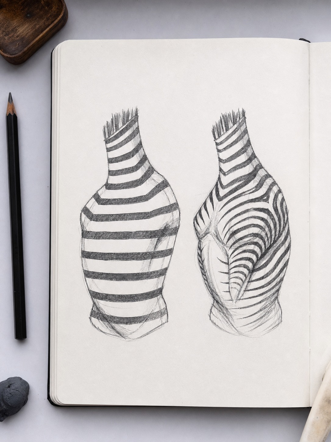 Sketchbook comparison of flat decorative zebra stripes beside stripes that wrap around a rounded torso.