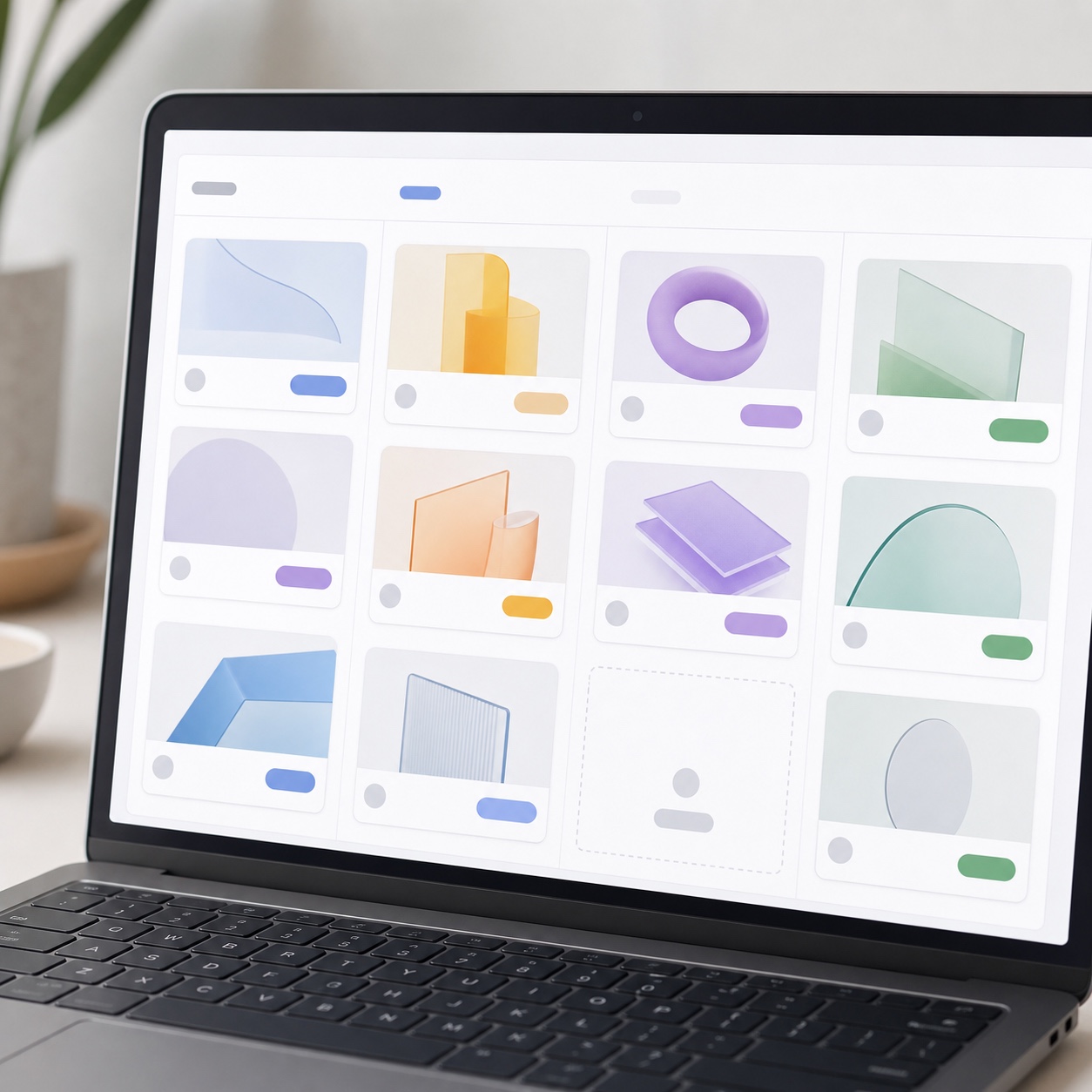 A laptop screen showing a design approval kanban board for a remote creative studio.