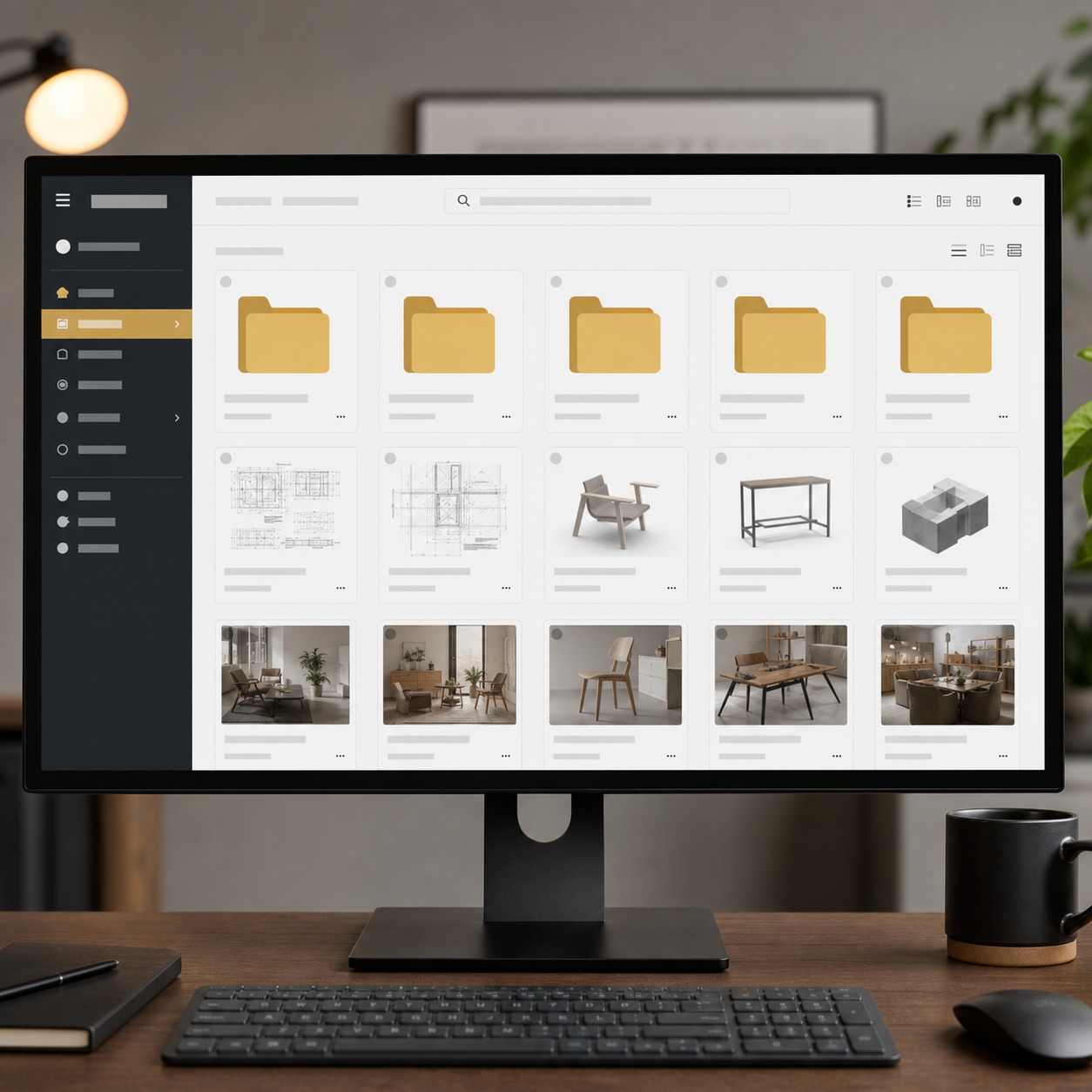 Monitor showing a clean design asset library dashboard with folders and visual thumbnails.