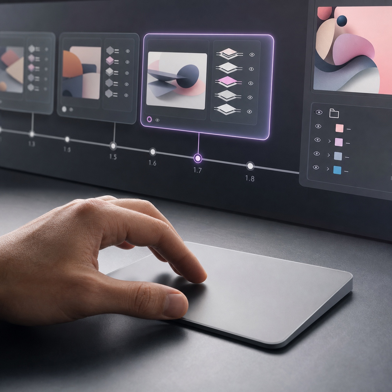 Design file version control timeline A designer using a trackpad beside a version control timeline for a layered design file. | Sky Rye Design A designer using a trackpad beside a version control timeline for a layered design file.