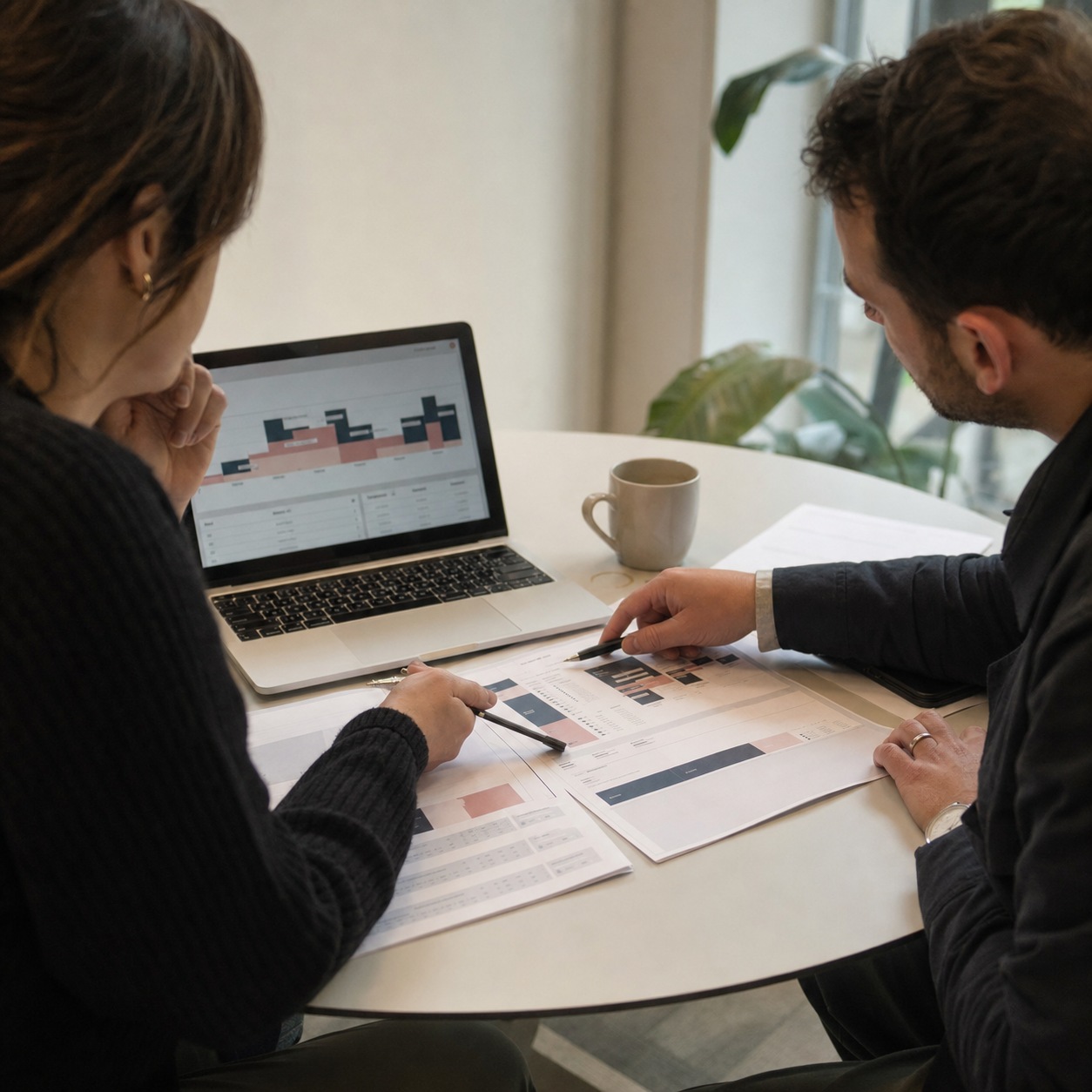 Design Ops Consulting Audit Two consultants reviewing a printed design operations audit report beside a laptop chart. | Sky Rye Design Two consultants reviewing a printed design operations audit report beside a laptop chart.