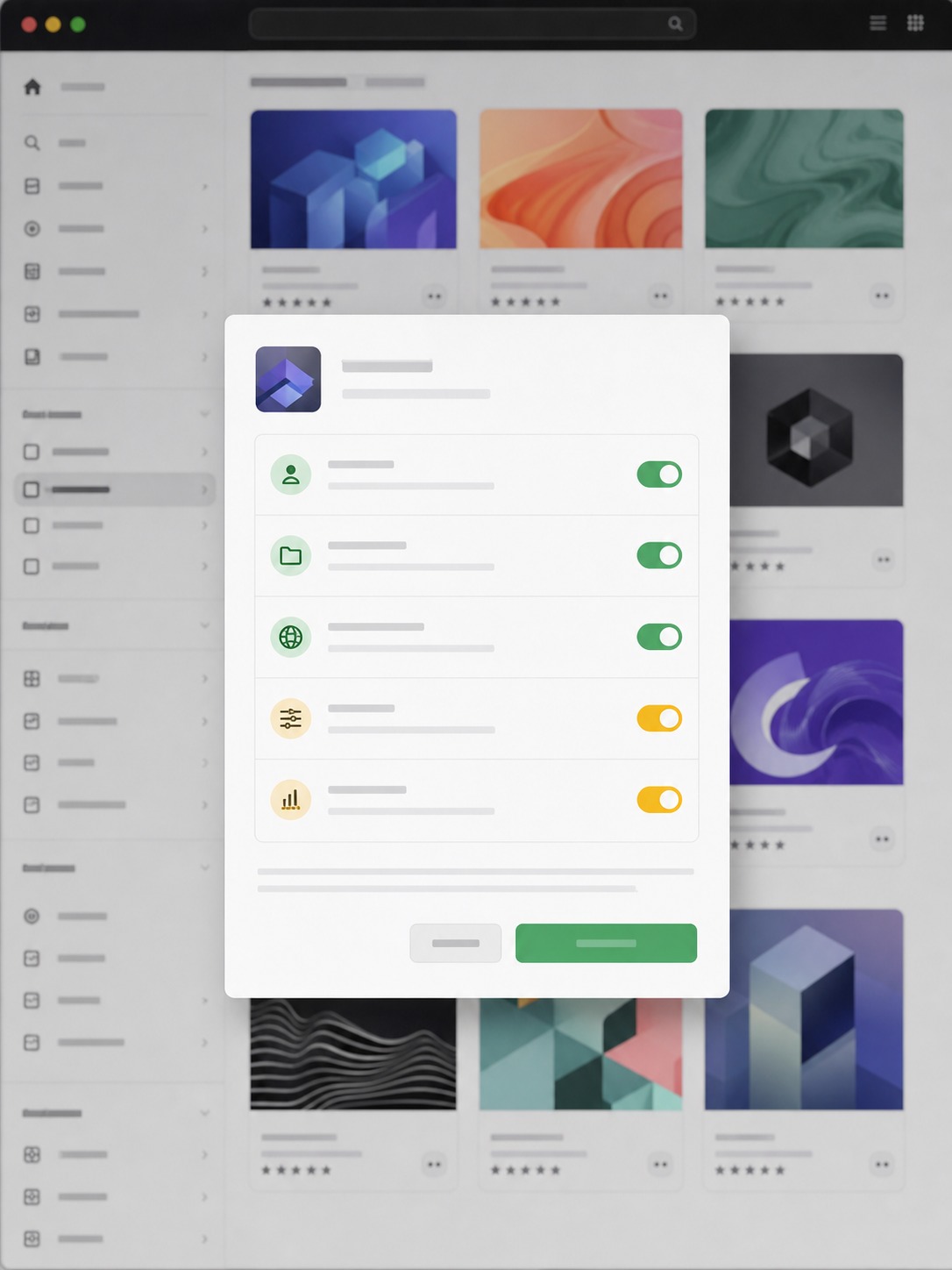Design software plugin marketplace with a permissions request dialog open.