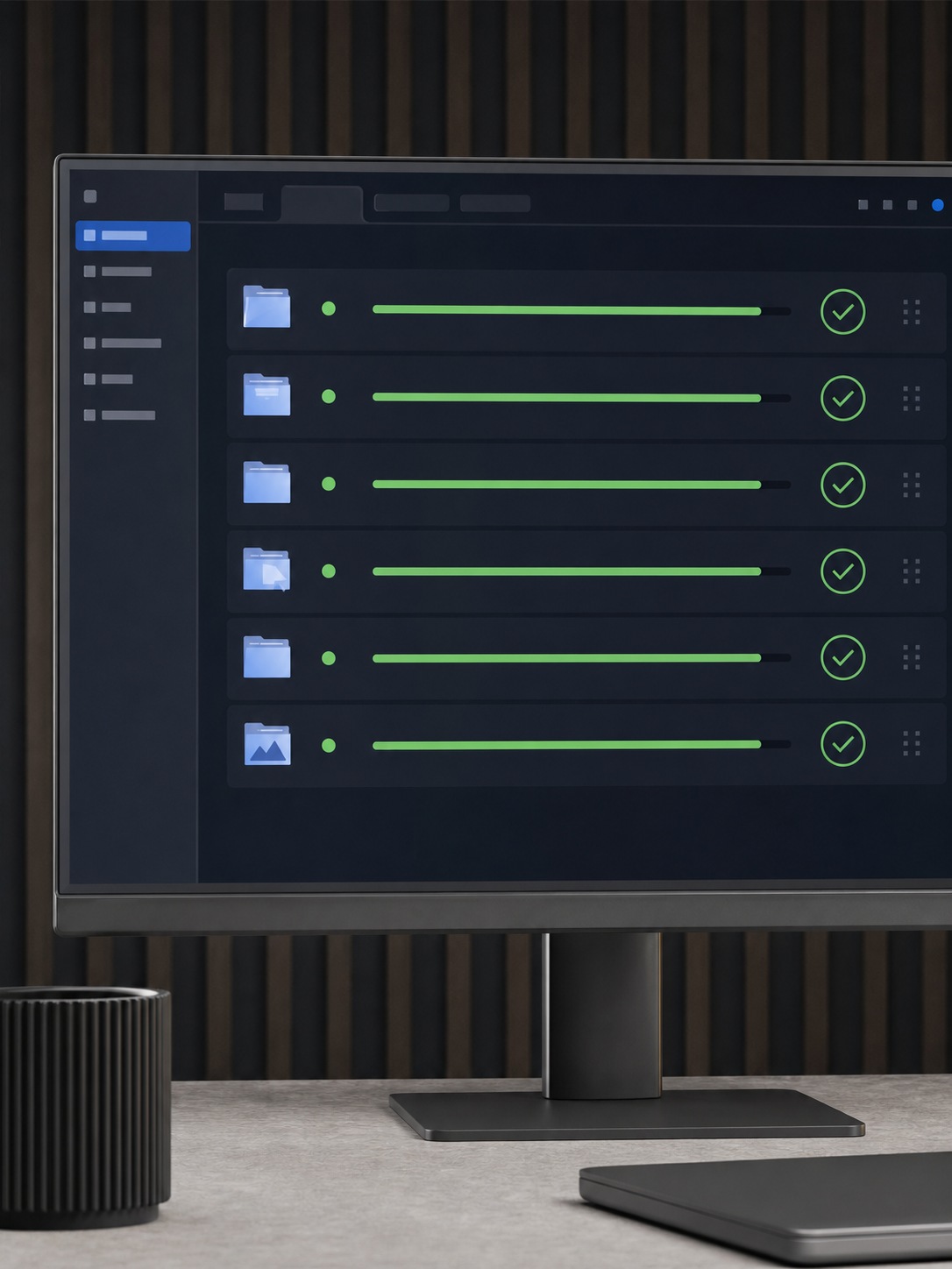 Backup system visualization on screen Automated backup system interface confirming successful backups across design project folders. | Sky Rye Design Automated backup system interface confirming successful backups across design project folders.