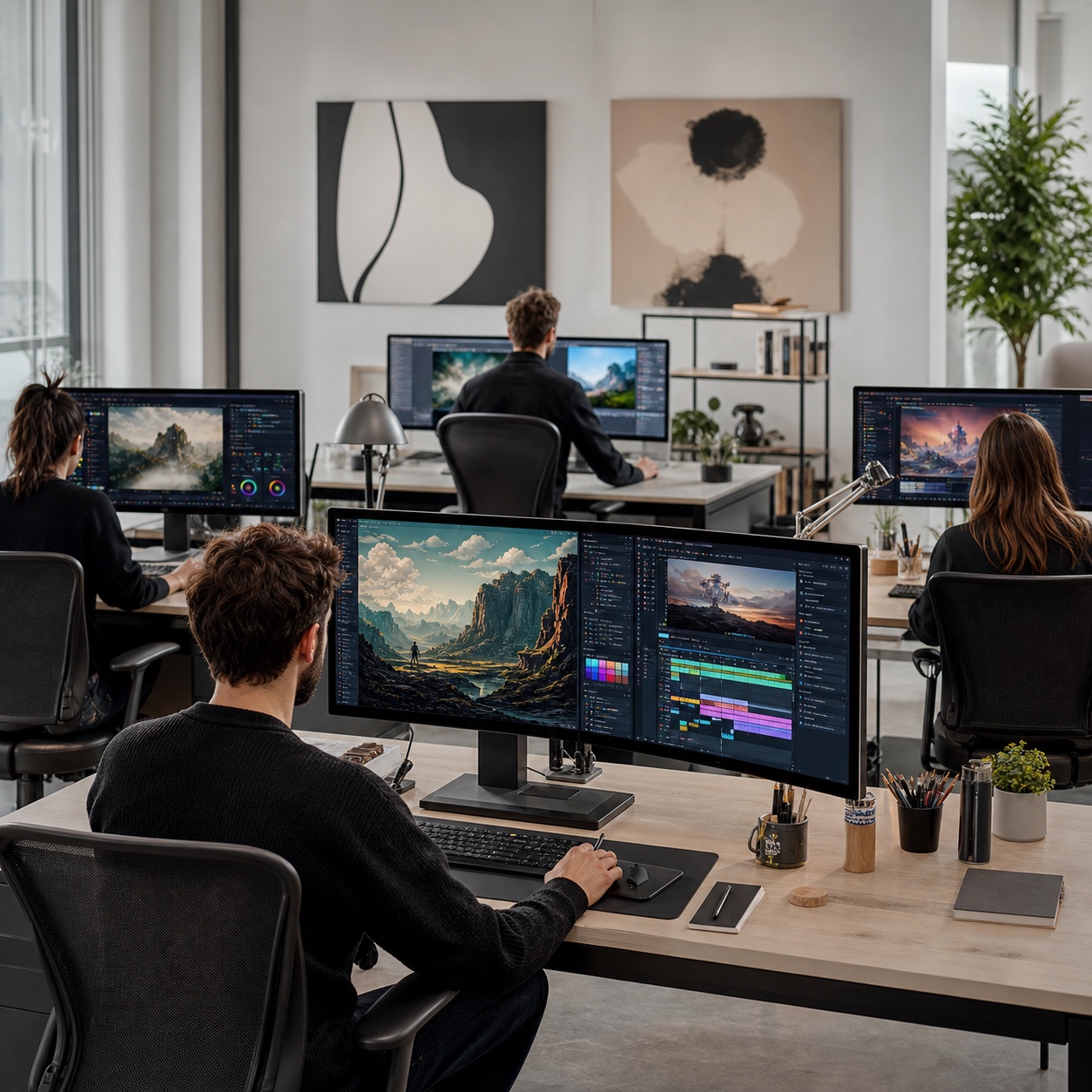 Modern illustration studio with workstations showing image and video finishing dashboards