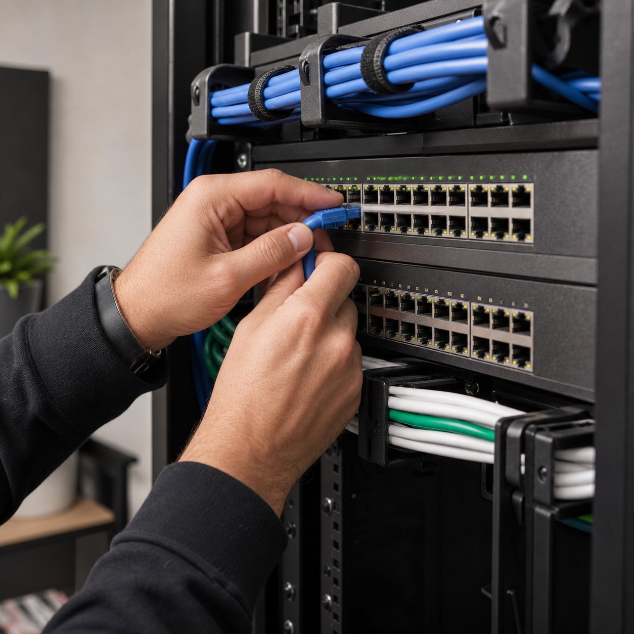 Technician adjusting organized network cabling in a small design studio server closet