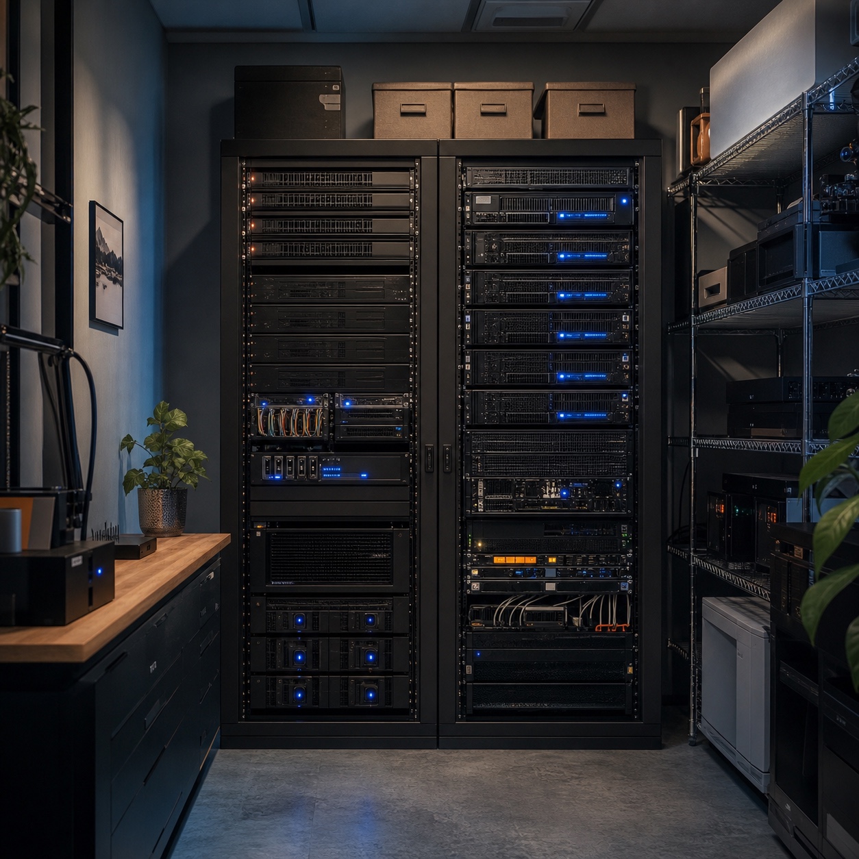 Organized server and storage room with rack equipment in a design studio