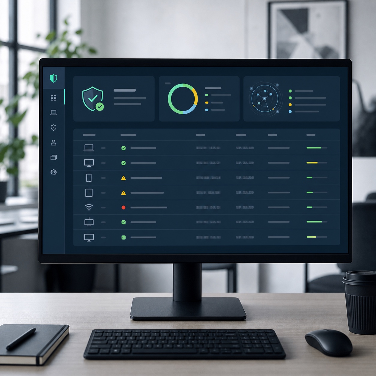 Design studio monitor showing a security and device audit dashboard