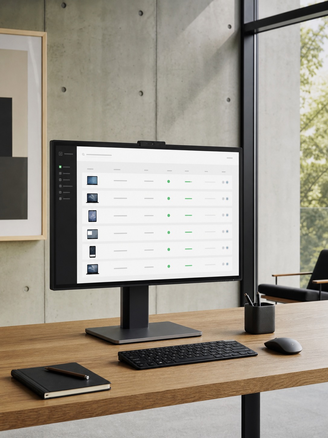 Studio monitor showing a mobile device management dashboard with secured laptops and tablets.