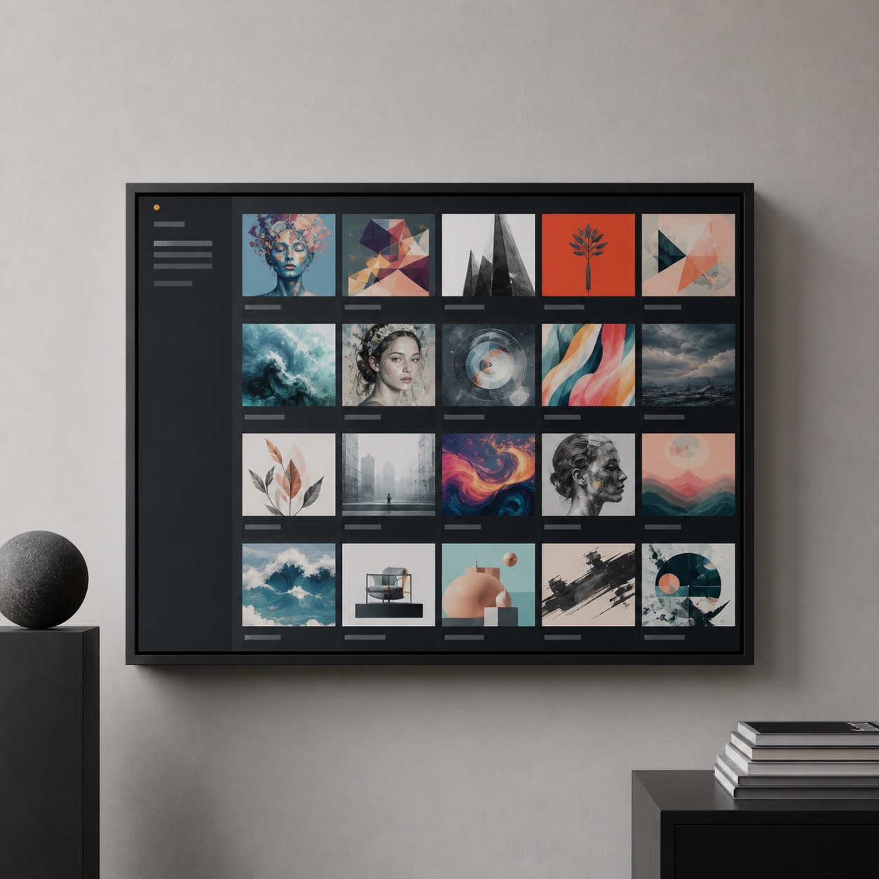 Wall-mounted display showing a sharp digital art portfolio grid