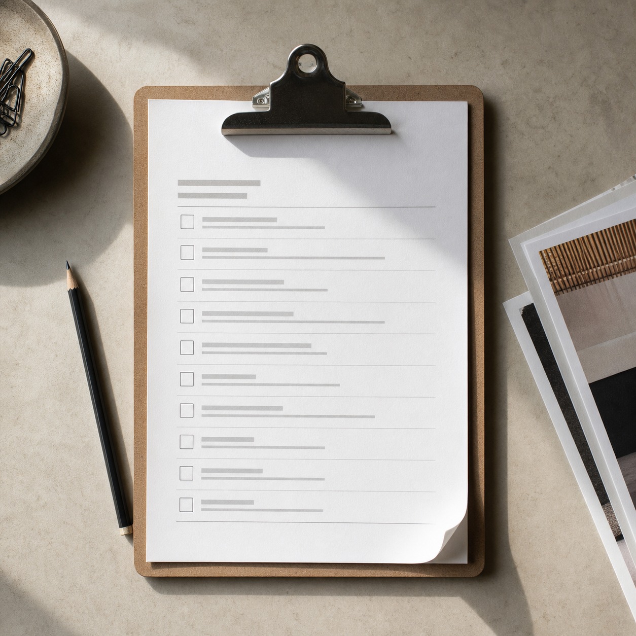 Printed checklist on a clipboard with proof prints and a pencil on a studio desk.