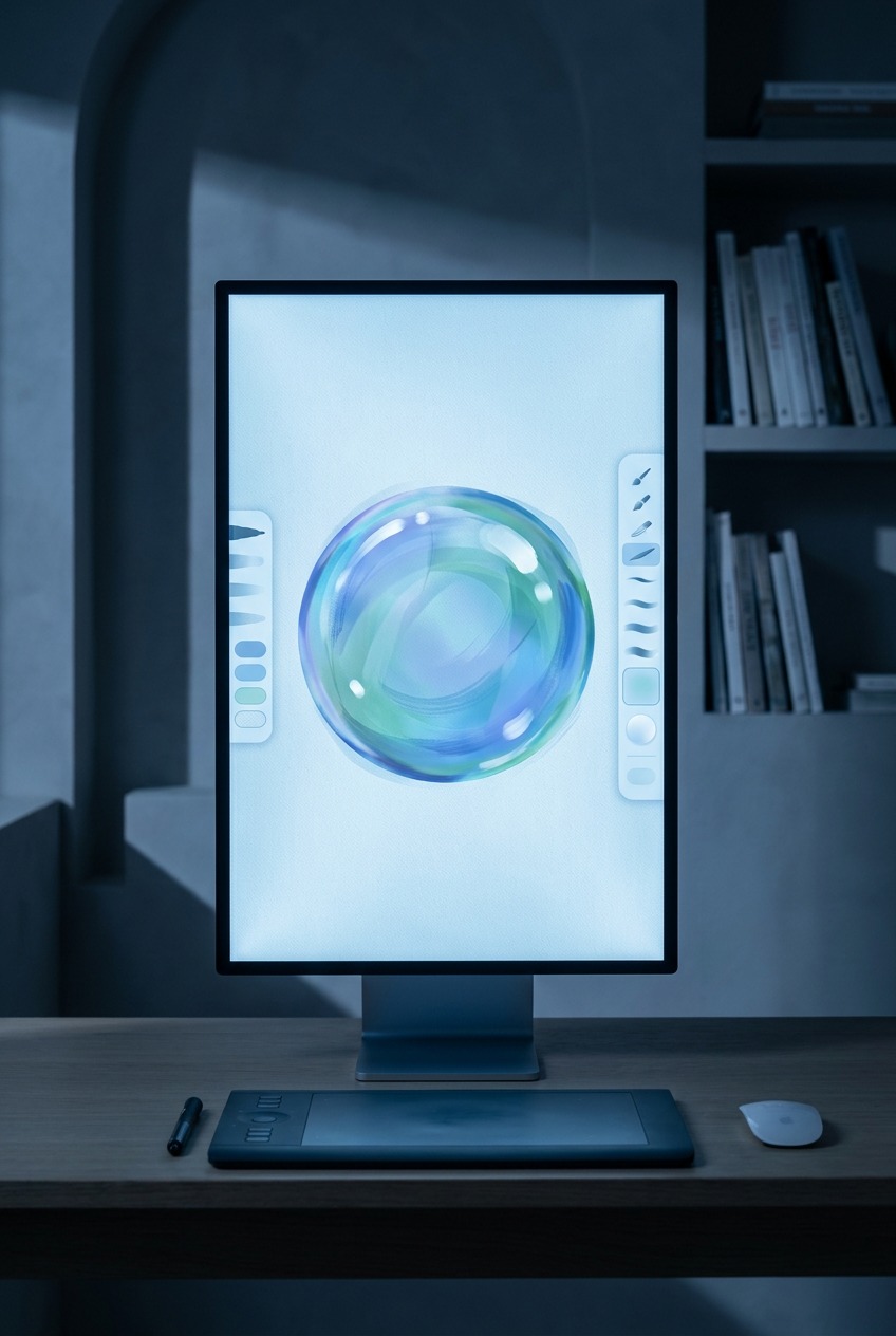 Digital painting workspace showing a bubble render in progress with highlight and color glaze layers.