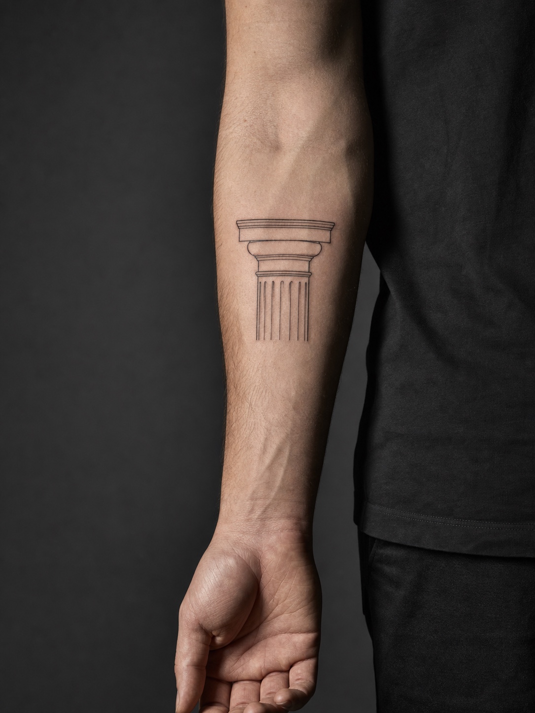 Doric column capital forearm tattoo Minimal Doric column capital tattoo drawn as a clean architectural study on the forearm. | Sky Rye Design Minimal Doric column capital tattoo drawn as a clean architectural study on the forearm.