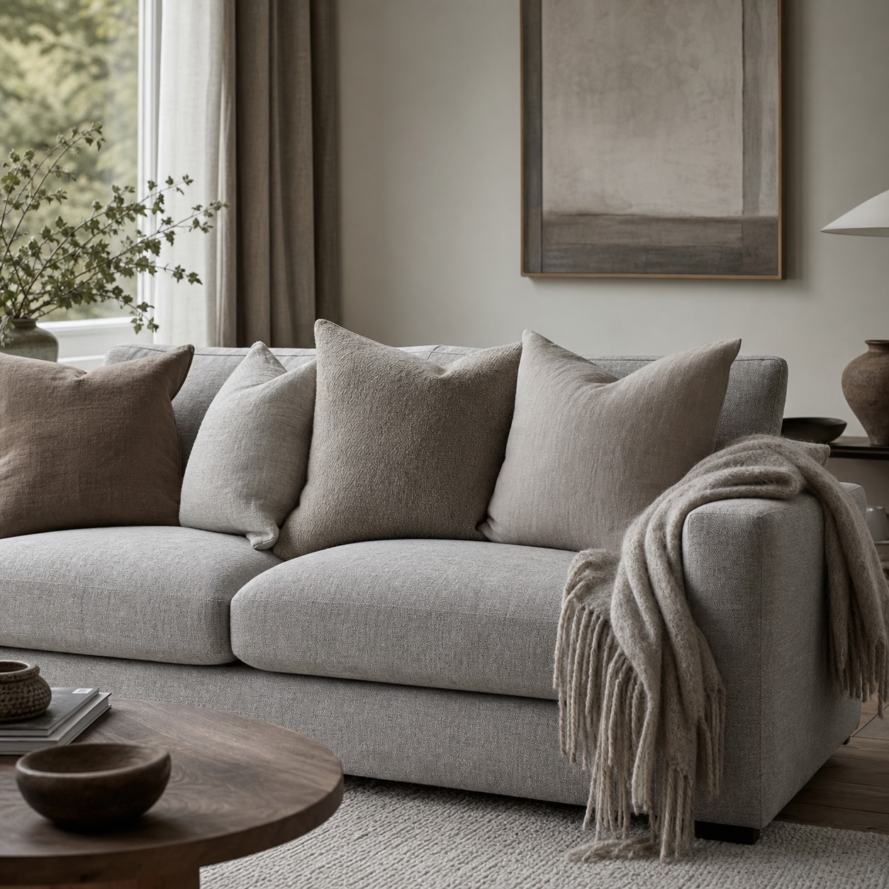 Dove grey chenille sofa with layered textiles Dove grey chenille sofa in a cozy layered living room | Sky Rye Design Dove grey chenille sofa in a cozy layered living room
