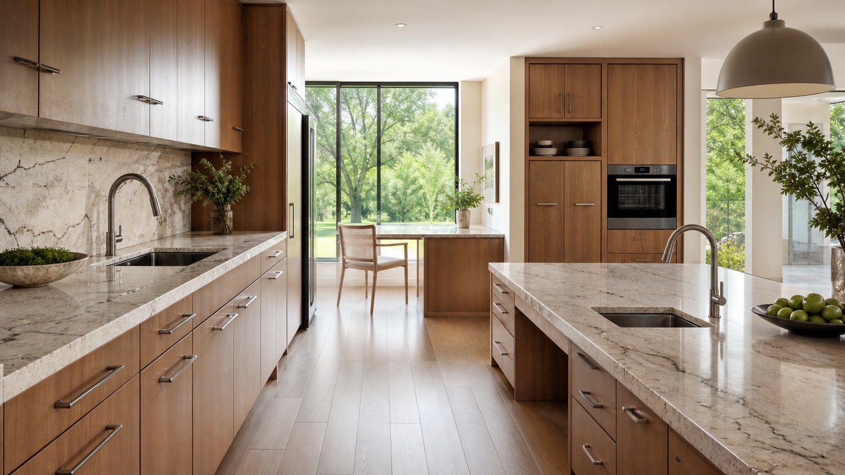 Accessible single-level kitchen Accessible single-level kitchen with wide circulation, lowered counter space, lever hardware, and warm wood cabinets. | Sky Rye Design Accessible single-level kitchen with wide circulation, lowered counter space, lever hardware, and warm wood cabinets.