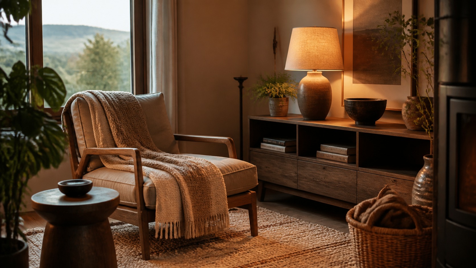 Cozy textured reading nook Compact reading nook with a woven throw, textured rug, natural wood furniture, and warm lamp light. | Sky Rye Design Compact reading nook with a woven throw, textured rug, natural wood furniture, and warm lamp light.