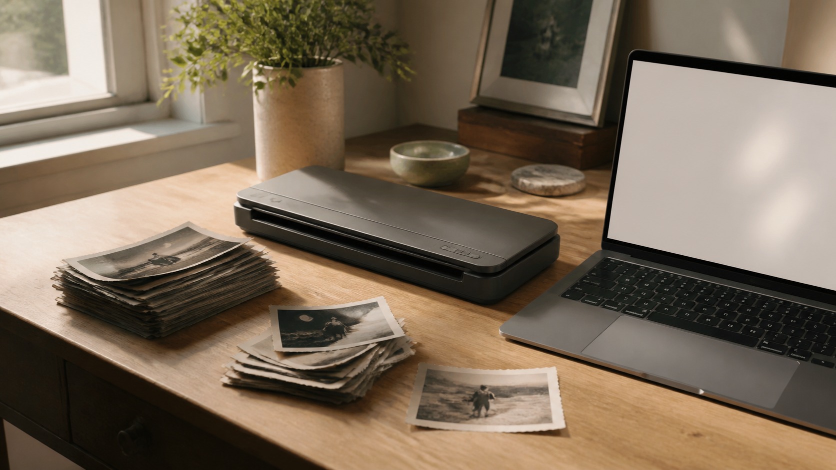 Digitizing old photos at a desk Clean desk setup with old photographs, a slim scanner, and a laptop for digitizing memories before moving. | Sky Rye Design Clean desk setup with old photographs, a slim scanner, and a laptop for digitizing memories before moving.