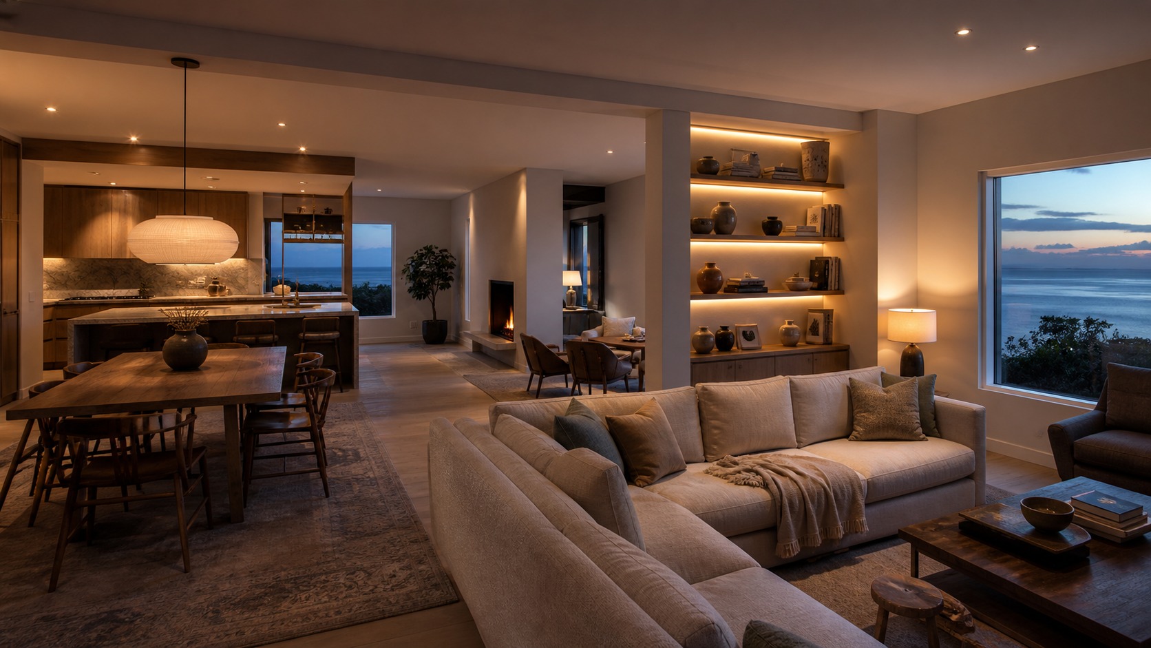 Downsized open-plan home at dusk Complete downsized open-plan home at dusk with warm lighting, built-in storage, cozy textures, and right-sized furniture. | Sky Rye Design Complete downsized open-plan home at dusk with warm lighting, built-in storage, cozy textures, and right-sized furniture.