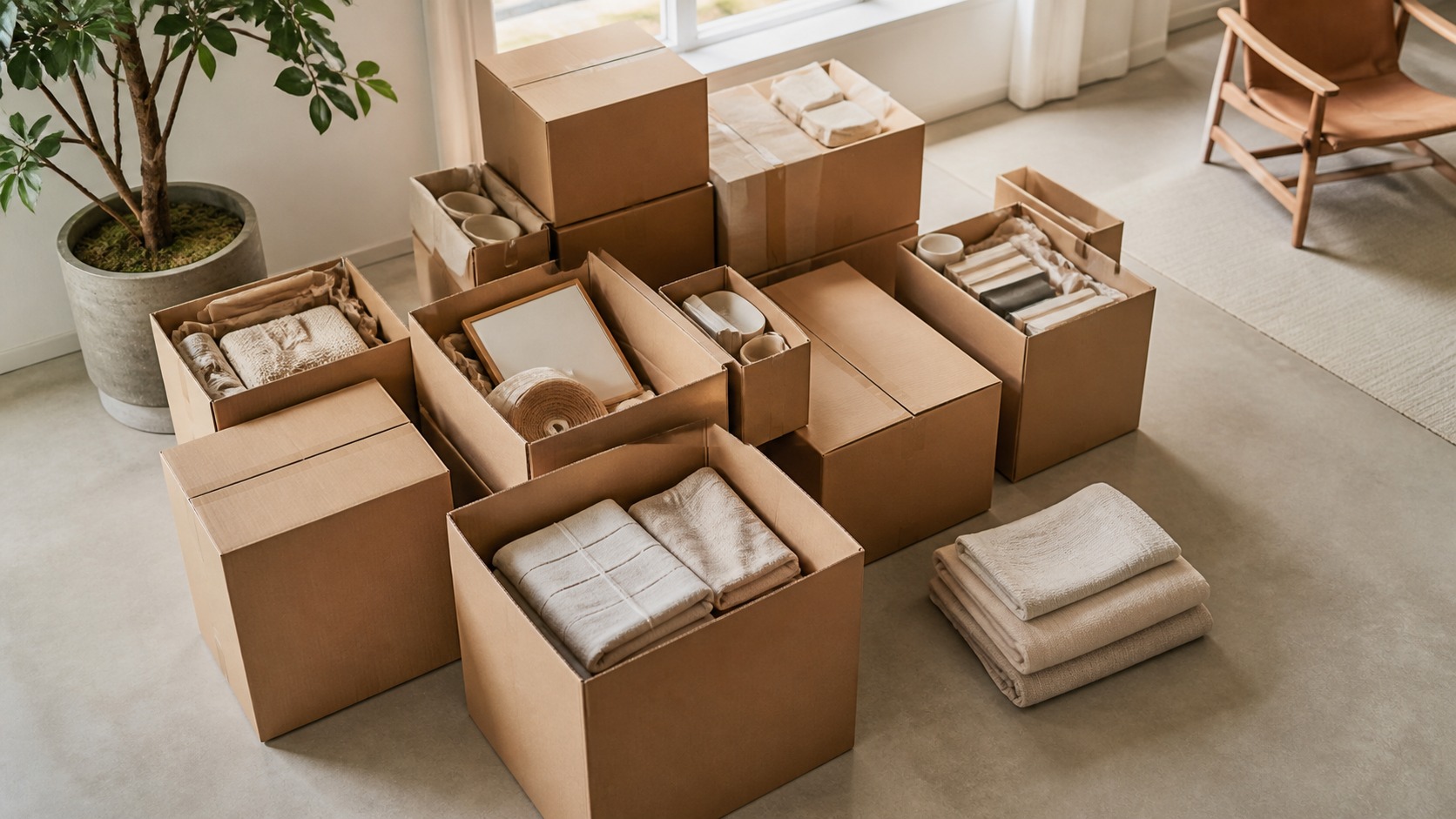 Belongings editing before downsizing Neatly labeled keep, donate, and sell boxes arranged in a bright room during a downsizing edit. | Sky Rye Design Neatly labeled keep, donate, and sell boxes arranged in a bright room during a downsizing edit.