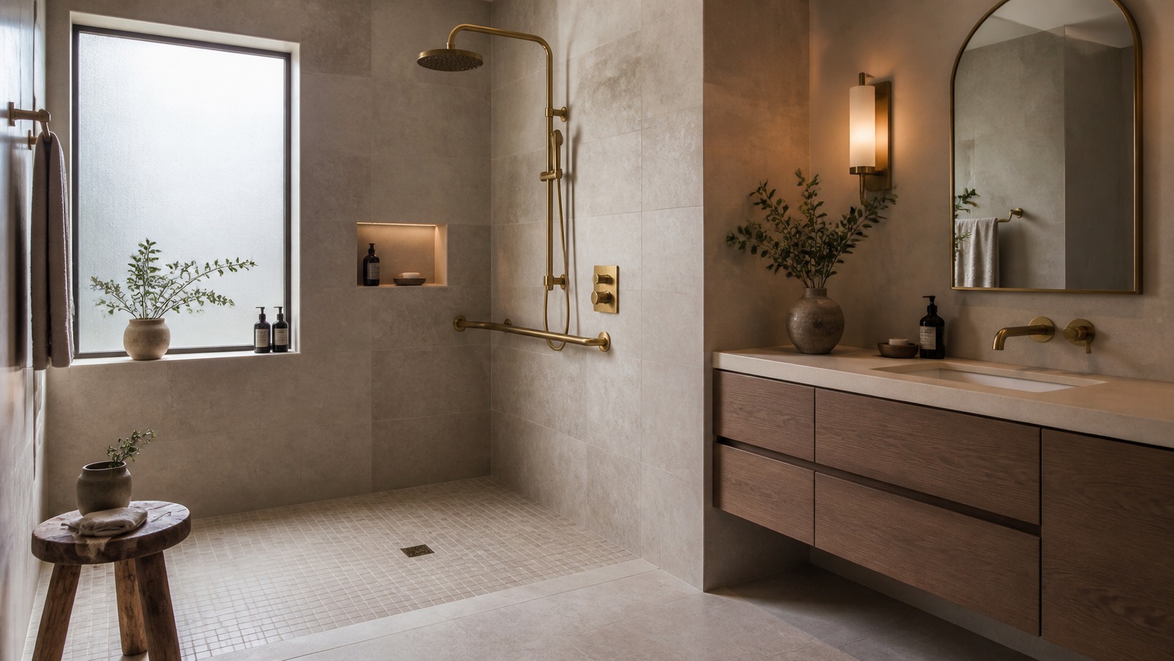 Elegant aging-in-place bathroom Accessible zero-threshold shower bathroom with stone-look tile, matte brass grab bar, and warm spa-like lighting. | Sky Rye Design Accessible zero-threshold shower bathroom with stone-look tile, matte brass grab bar, and warm spa-like lighting.