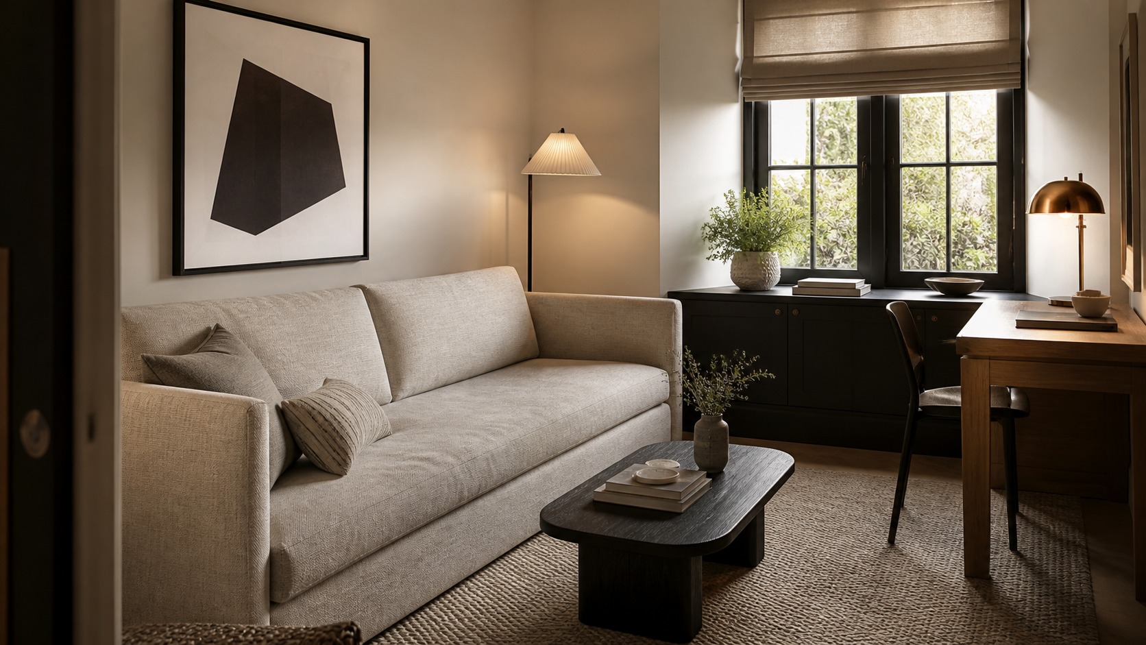 Flexible guest den with sleeper sofa Stylish den with a neutral sleeper sofa, compact desk, and warm reading lamp for occasional guests. | Sky Rye Design Stylish den with a neutral sleeper sofa, compact desk, and warm reading lamp for occasional guests.