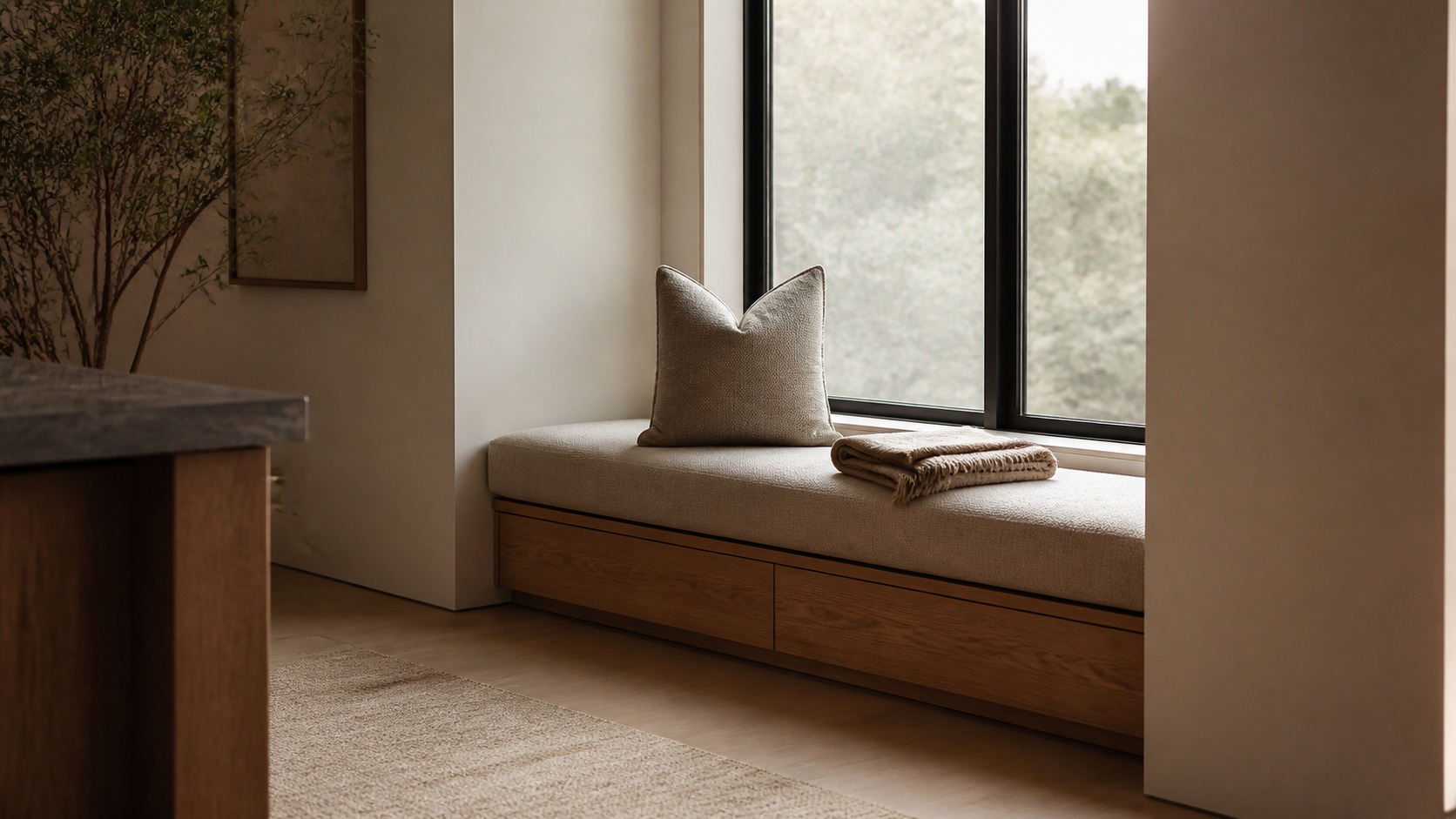 Window bench with hidden storage Window bench nook with hidden storage under a cushioned seat, styled with one cushion and folded throw. | Sky Rye Design Window bench nook with hidden storage under a cushioned seat, styled with one cushion and folded throw.