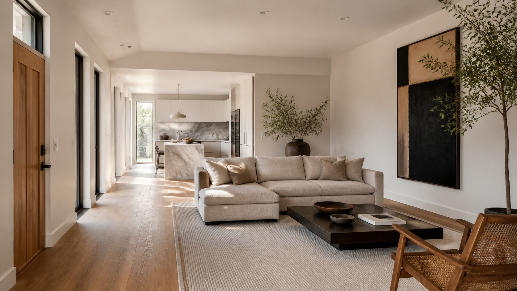Modern downsized living room Open modern living room in a downsized home with a linen sofa, warm wood floor, and clear sightline to the kitchen. | Sky Rye Design Open modern living room in a downsized home with a linen sofa, warm wood floor, and clear sightline to the kitchen.